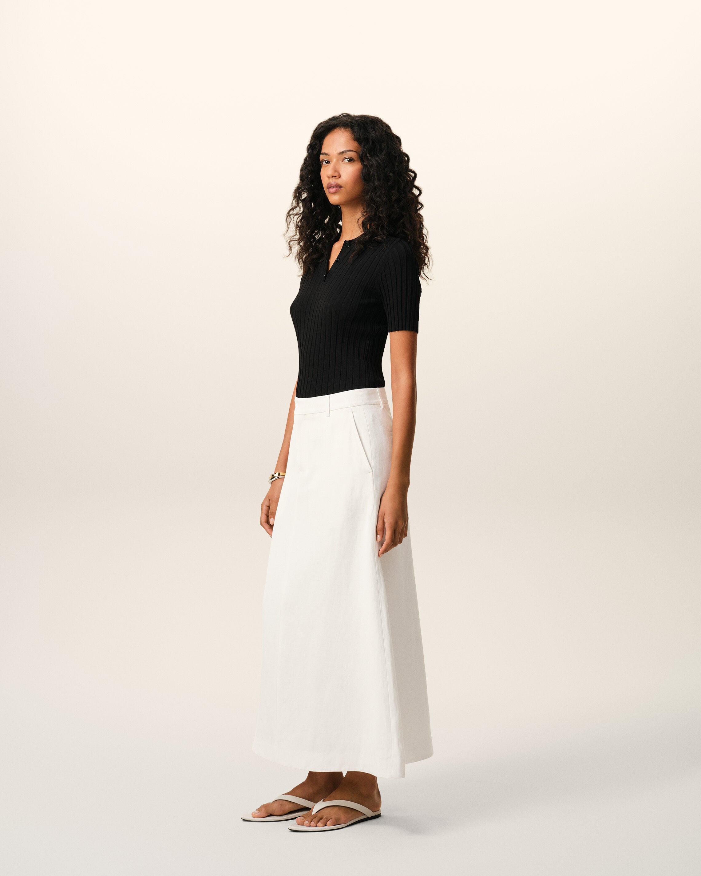 AmiParis White Blended Linen Tailor Construction Long Trapeze Skirt Women's