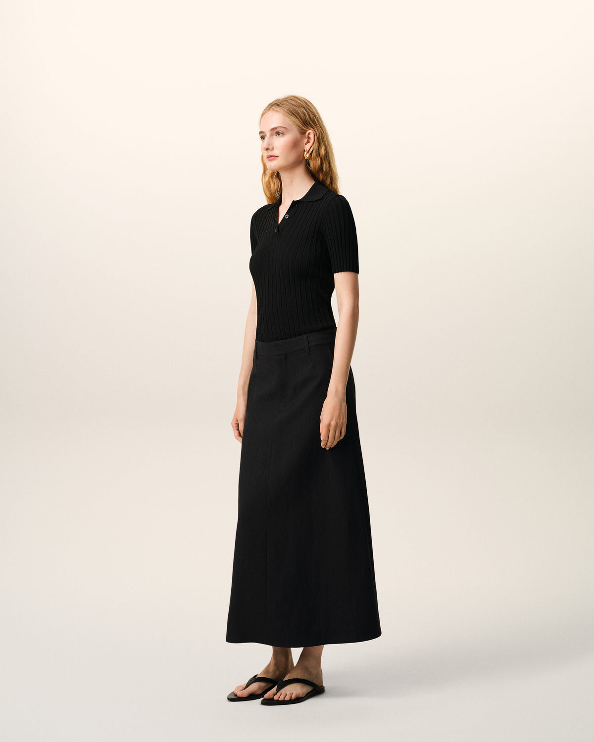 AmiParis Black Blended Linen Tailor Construction Long Trapeze Skirt Women's