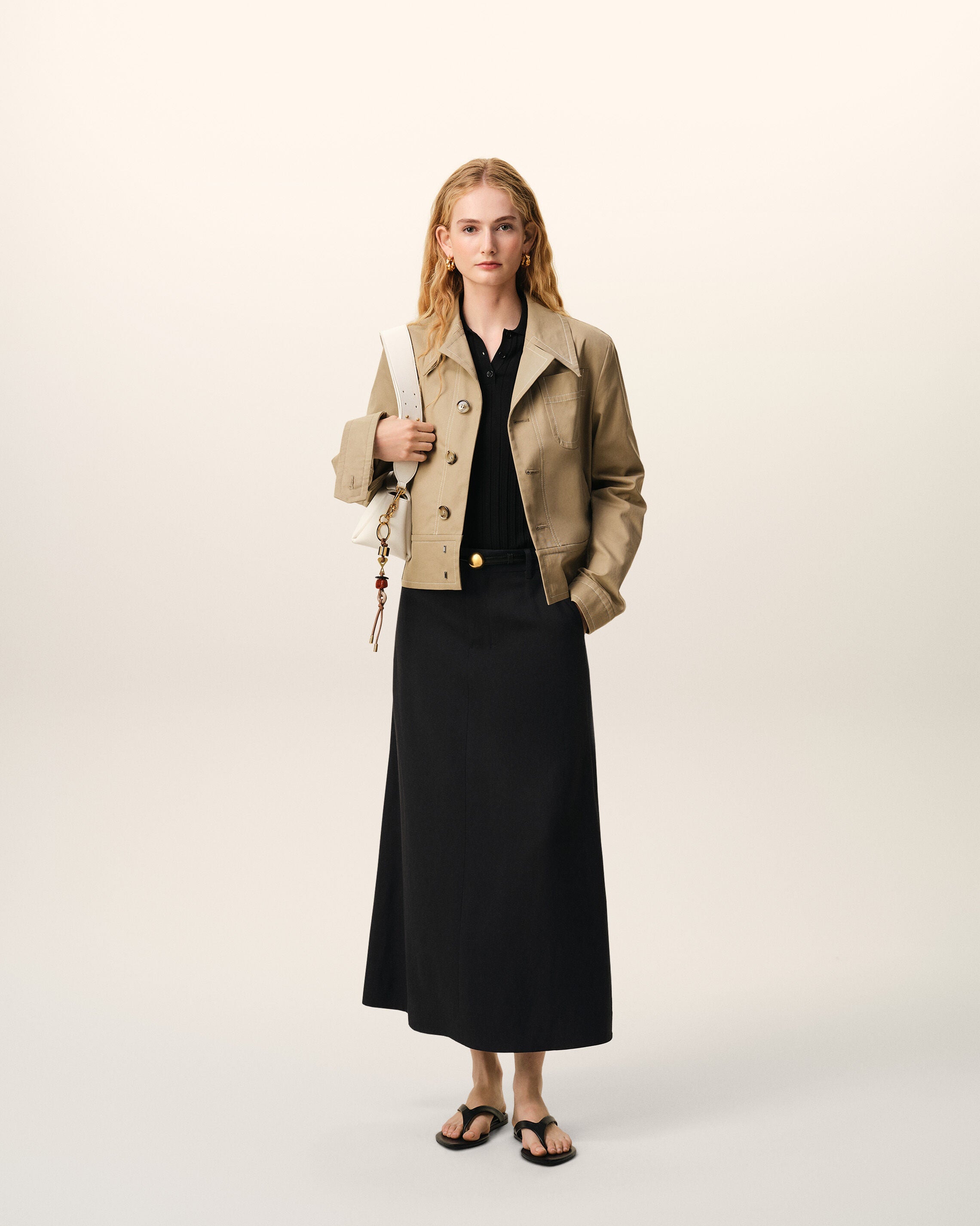 AmiParis Black Blended Linen Tailor Construction Long Trapeze Skirt Women's