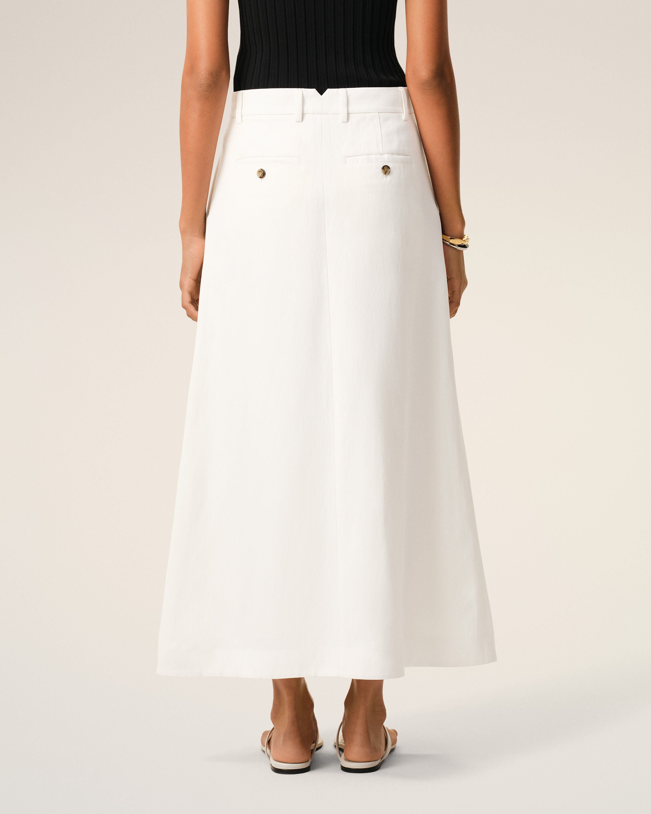 AmiParis White Blended Linen Tailor Construction Long Trapeze Skirt Women's