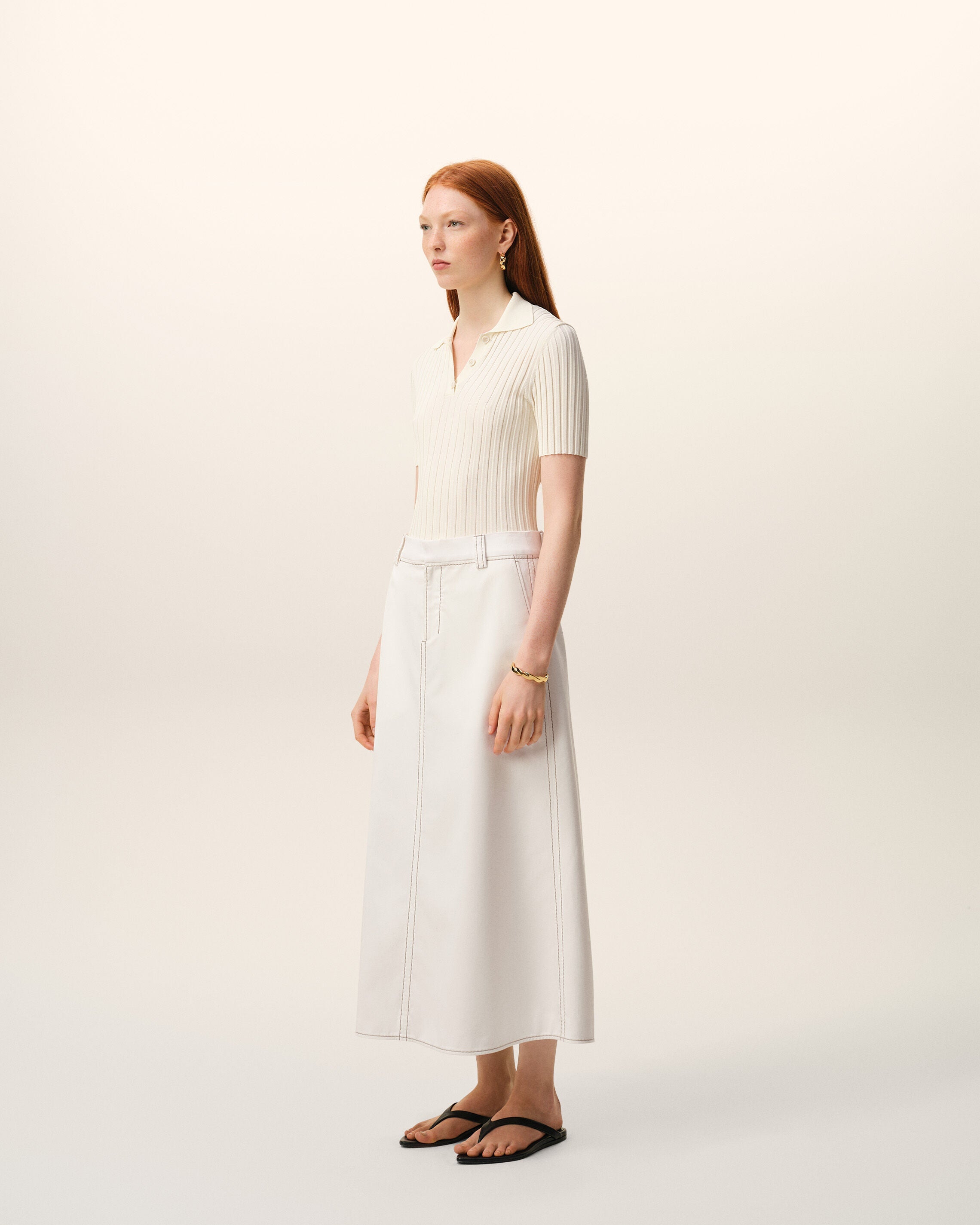 AmiParis White Cotton Gabardine Long Trapeze Skirt Women's