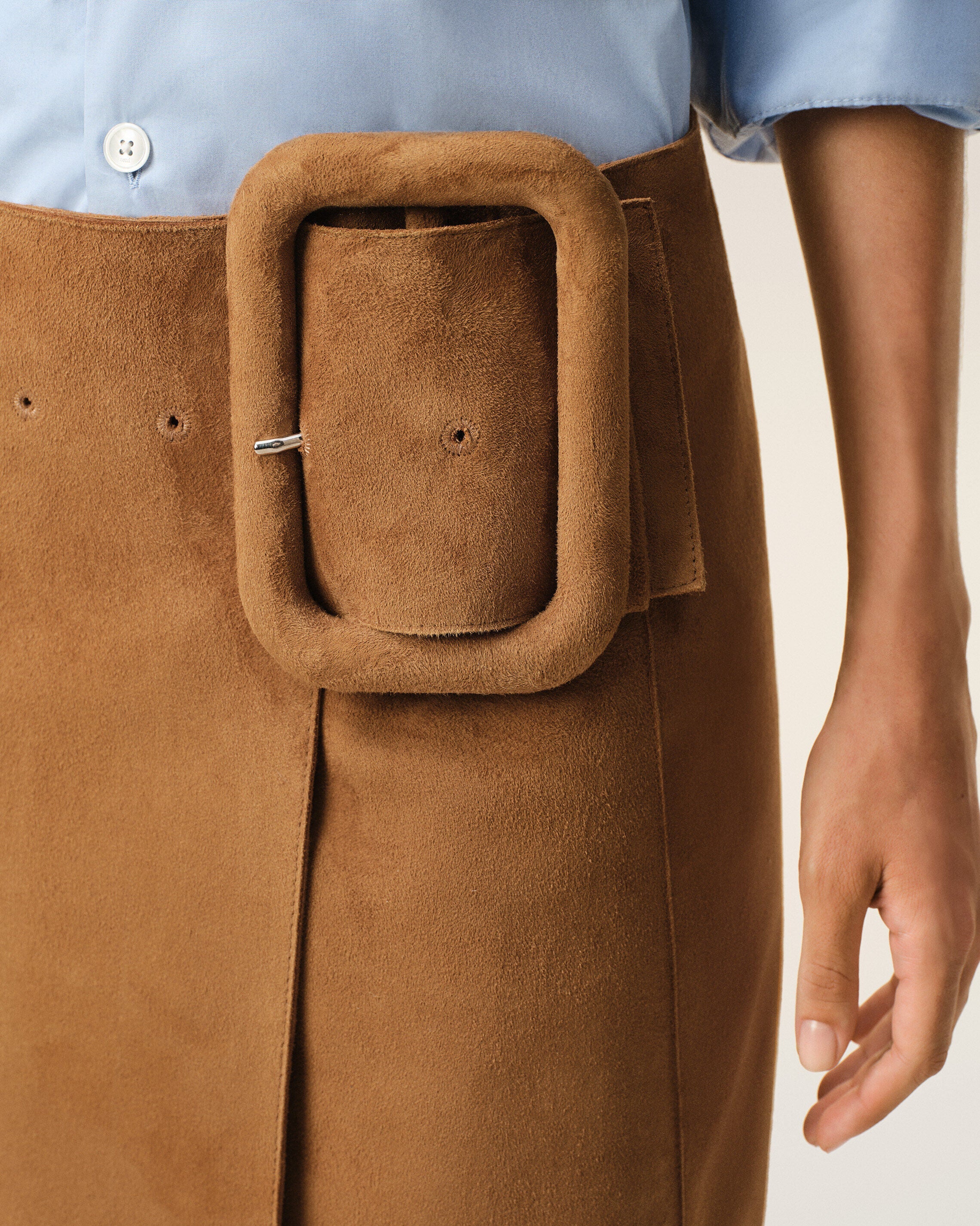 AmiParis Brown Goat Leather Big Buckle Belted Midi Skirt Women's