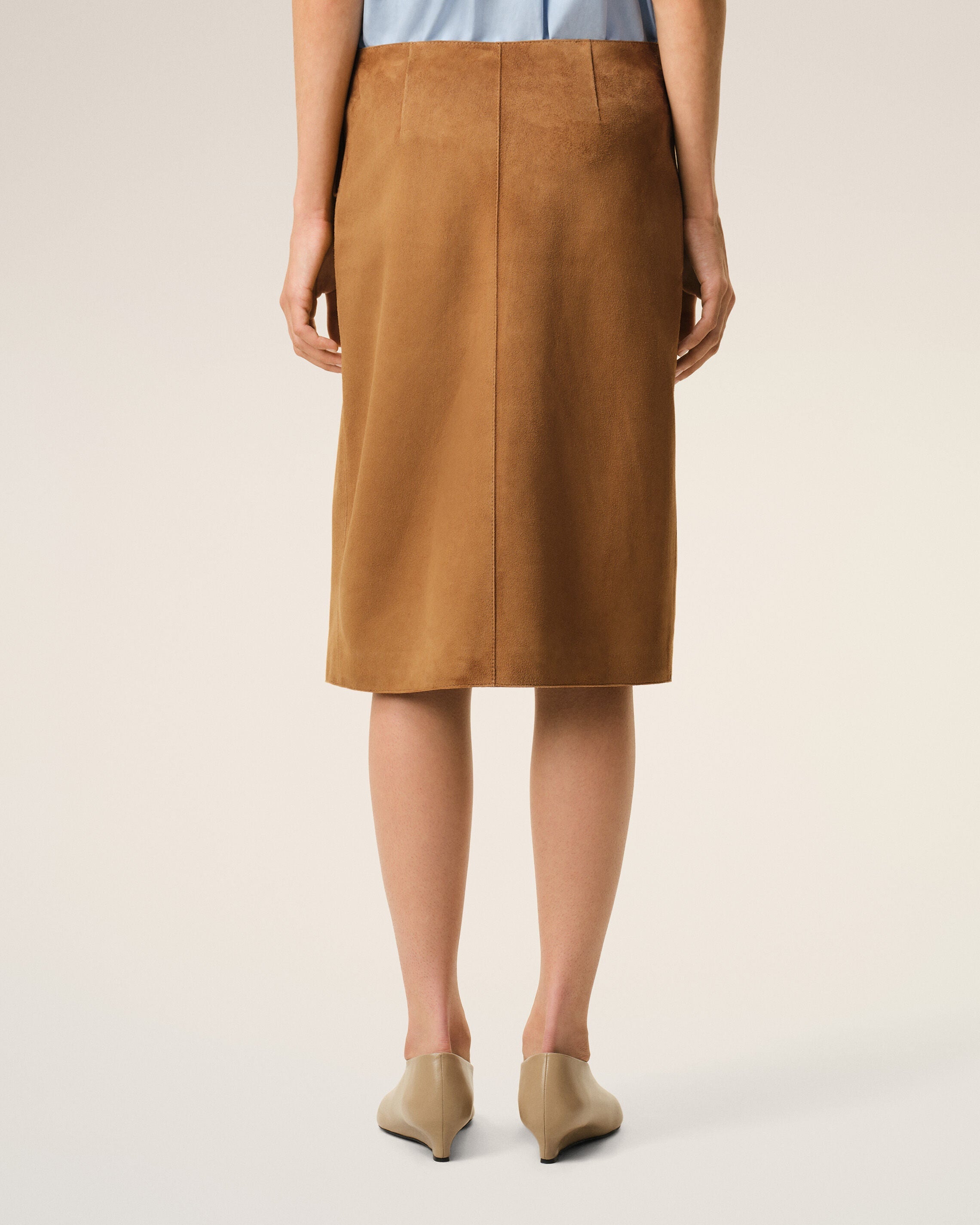 AmiParis Brown Goat Leather Big Buckle Belted Midi Skirt Women's