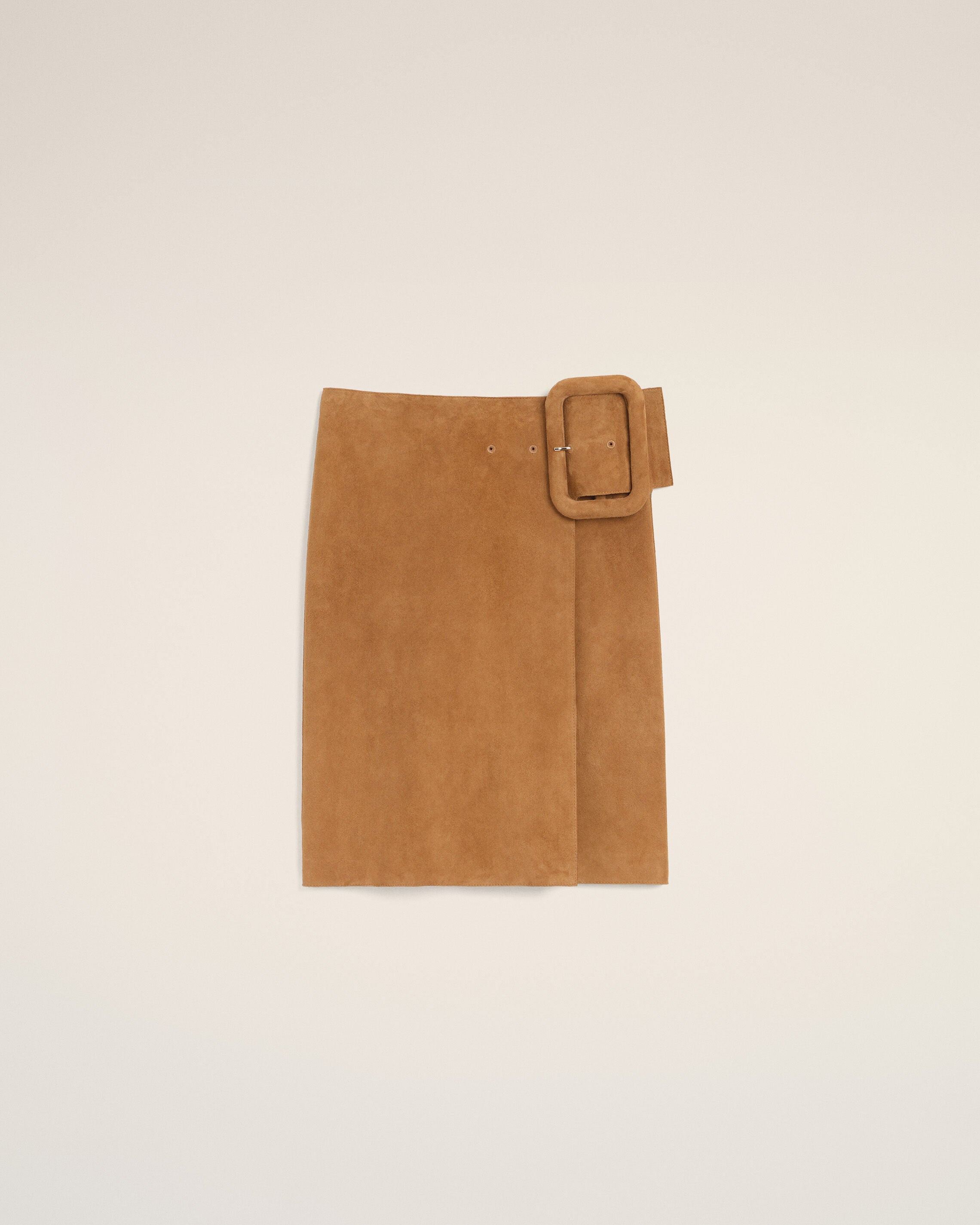 AmiParis Brown Goat Leather Big Buckle Belted Midi Skirt Women's