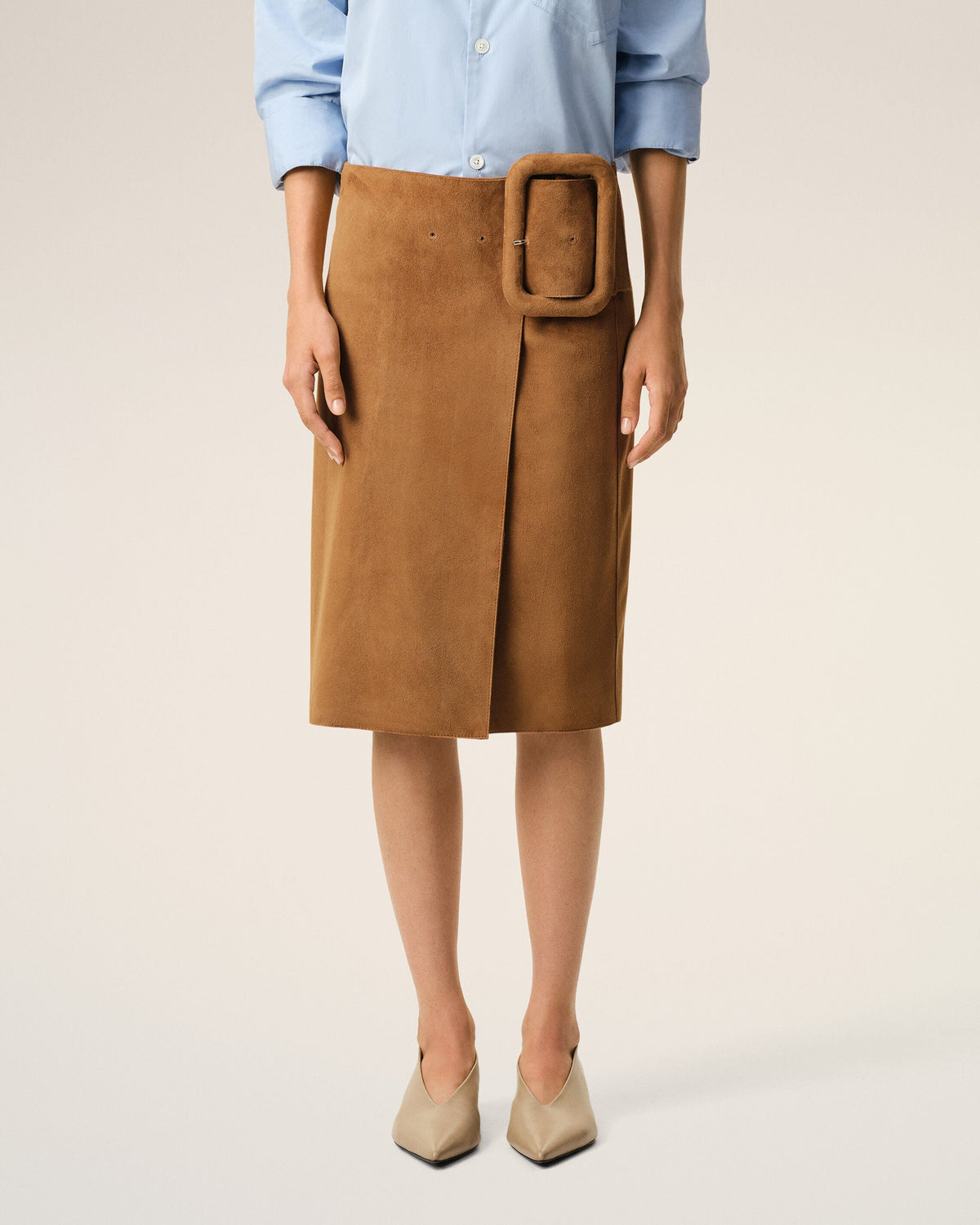 AmiParis Brown Goat Leather Big Buckle Belted Midi Skirt Women's