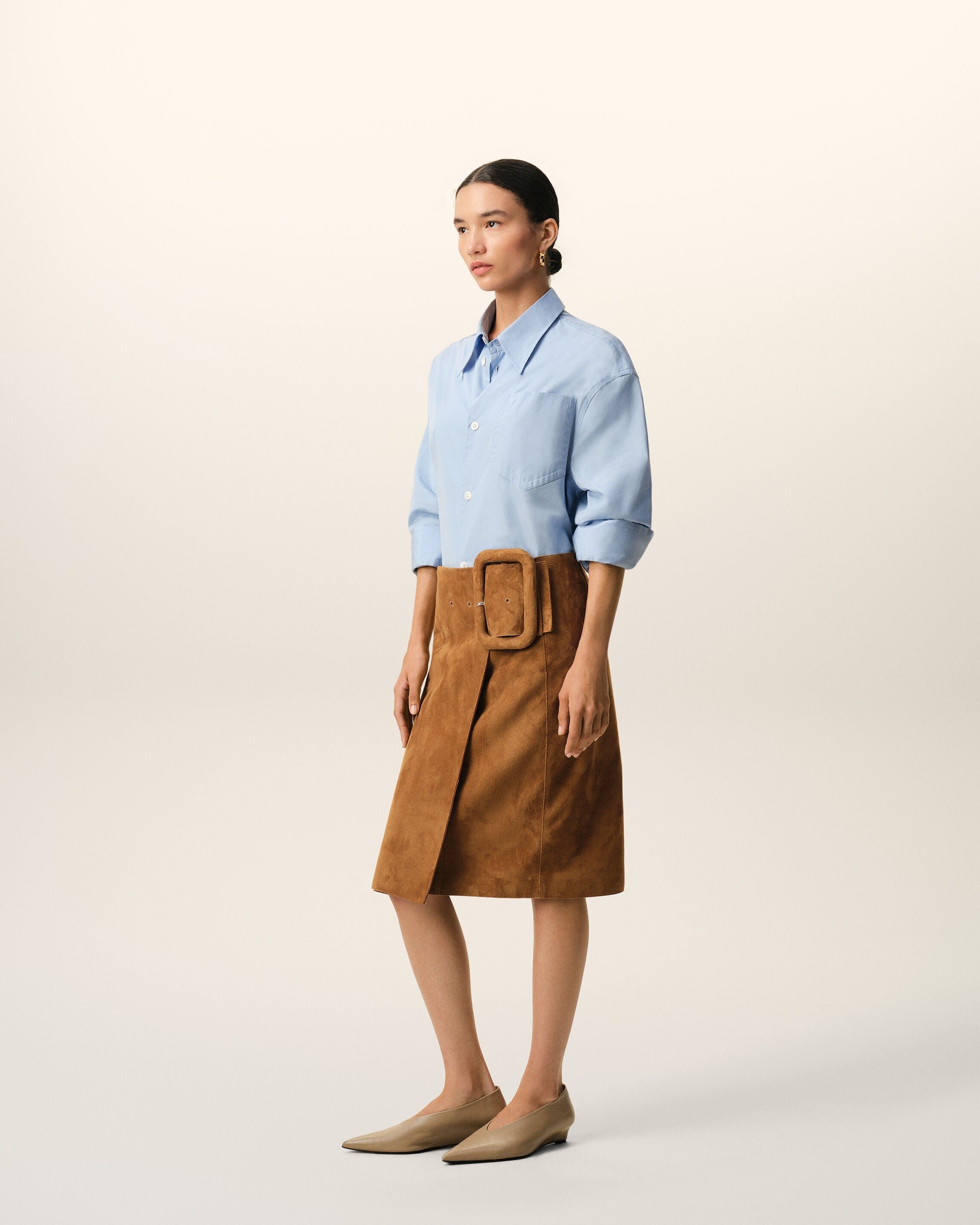 AmiParis Brown Goat Leather Big Buckle Belted Midi Skirt Women's