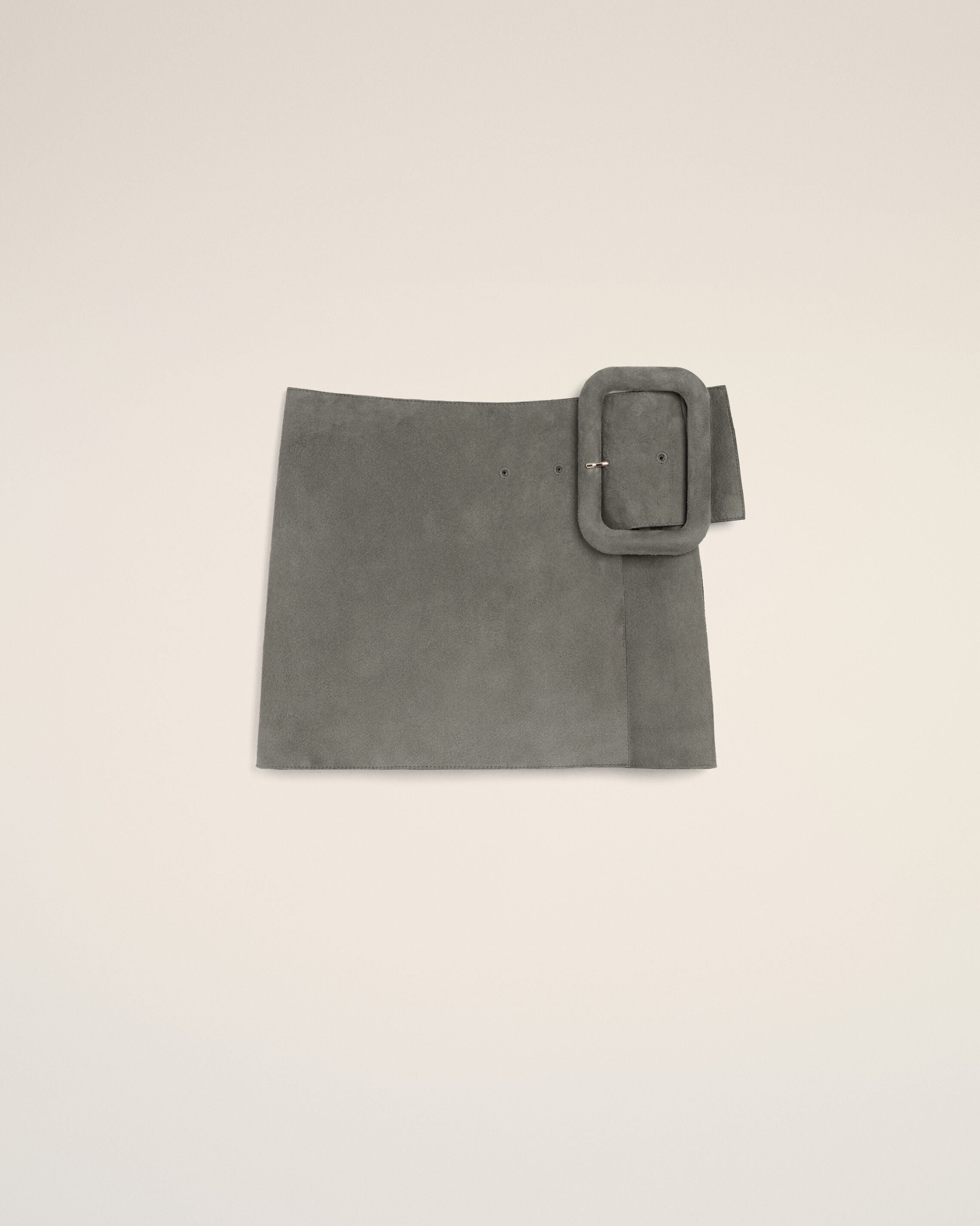 AmiParis Grey Goat Leather Big Buckle Belted Mini Skirt Women's