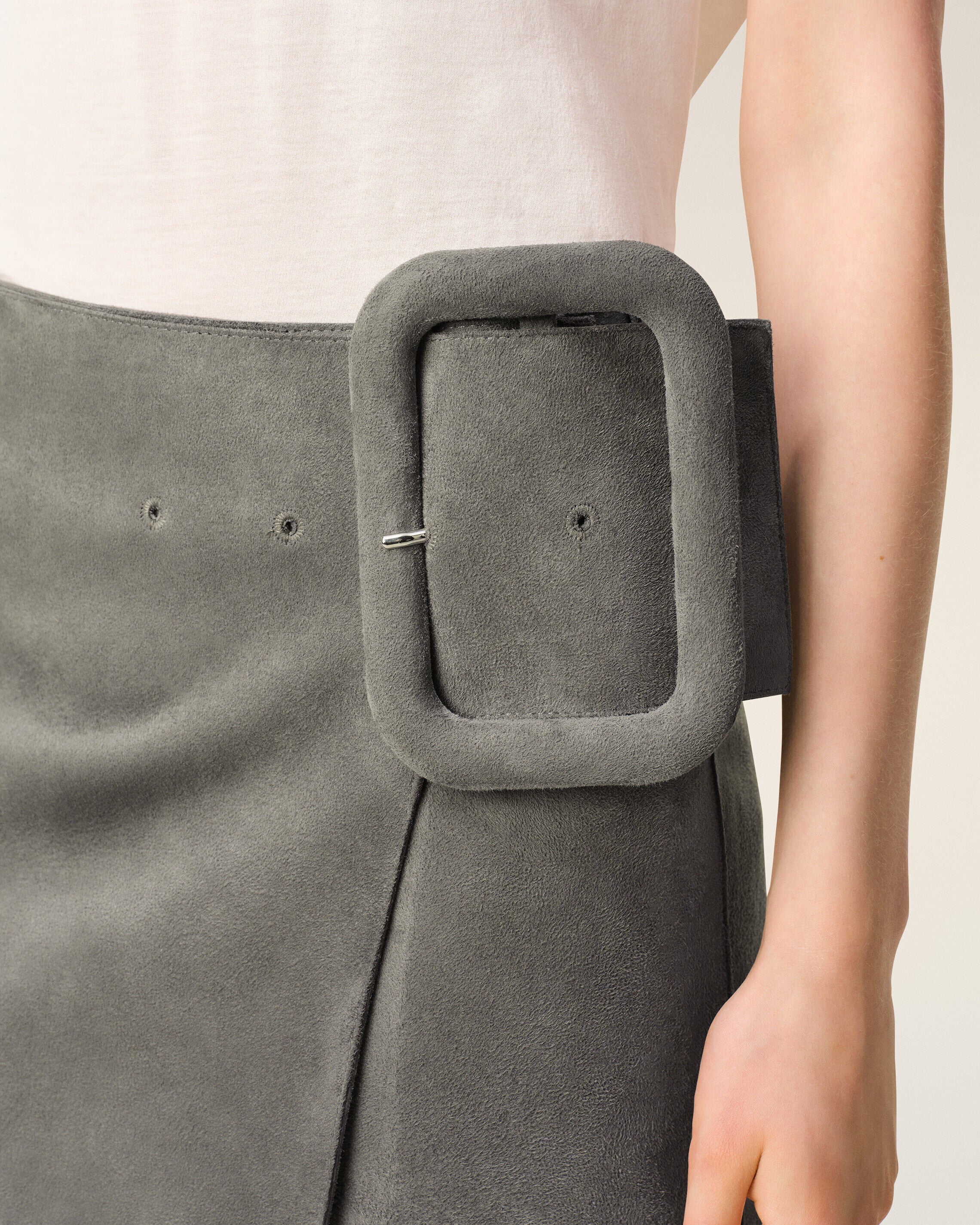 AmiParis Grey Goat Leather Big Buckle Belted Mini Skirt Women's