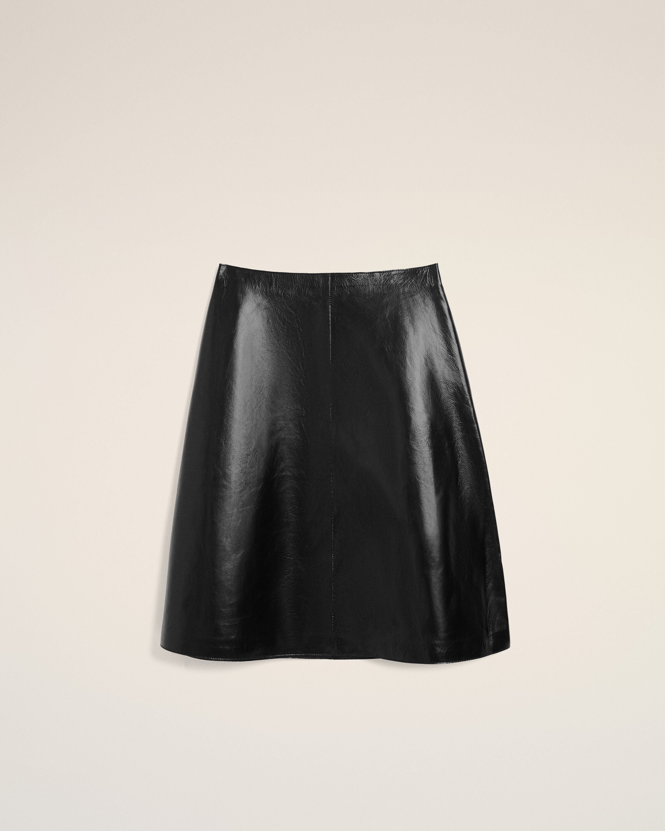 AmiParis Black Lamb Leather Midi Trapeze Skirt Women's