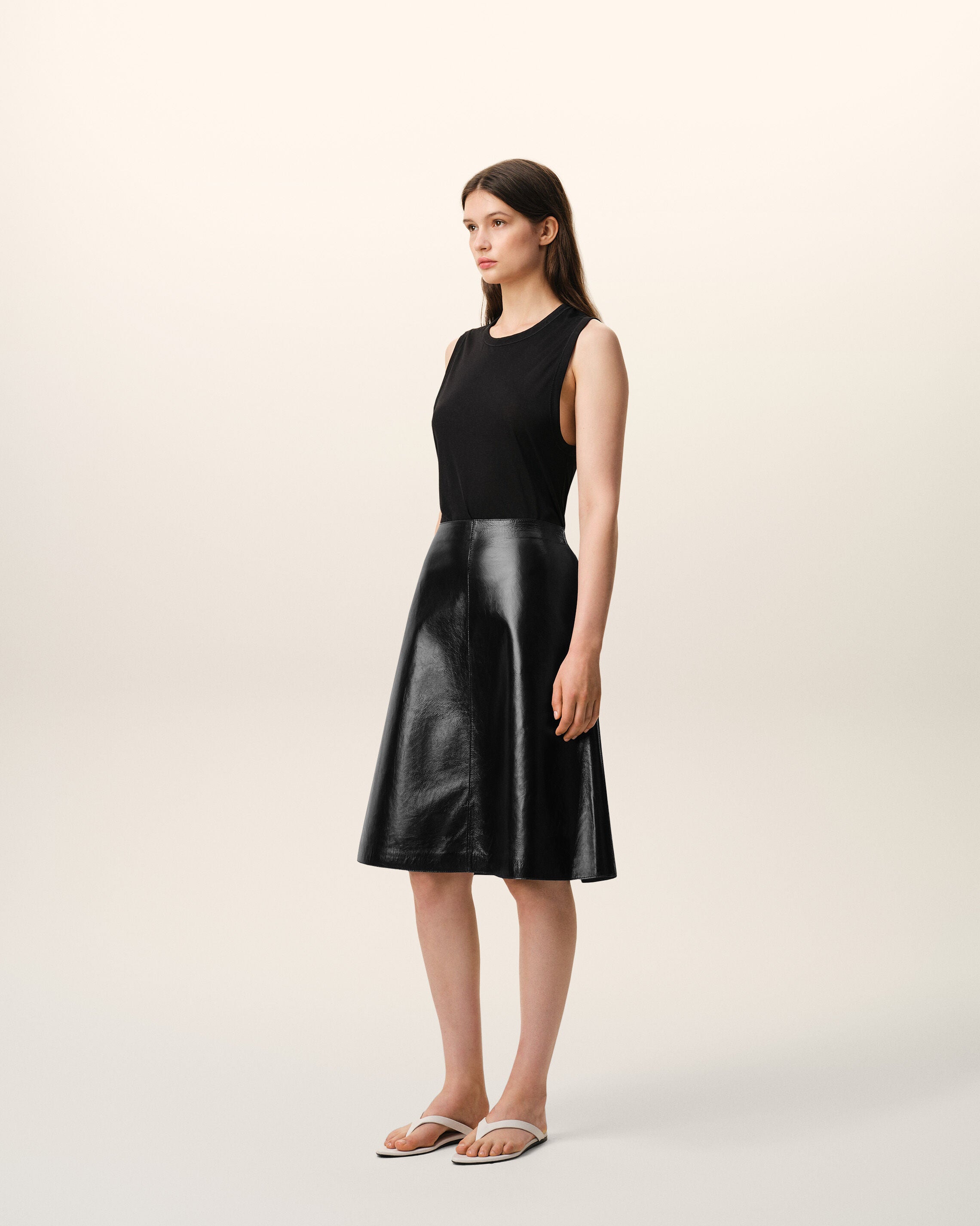 AmiParis Black Lamb Leather Midi Trapeze Skirt Women's