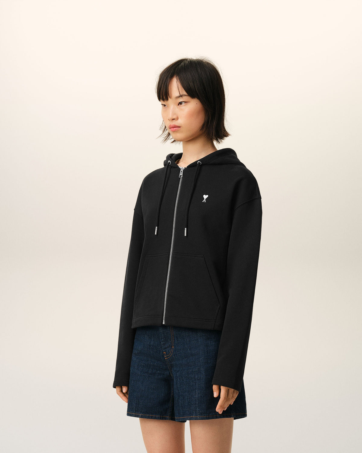 Black Cotton Ami De Coeur Zipped Hoodie Women's