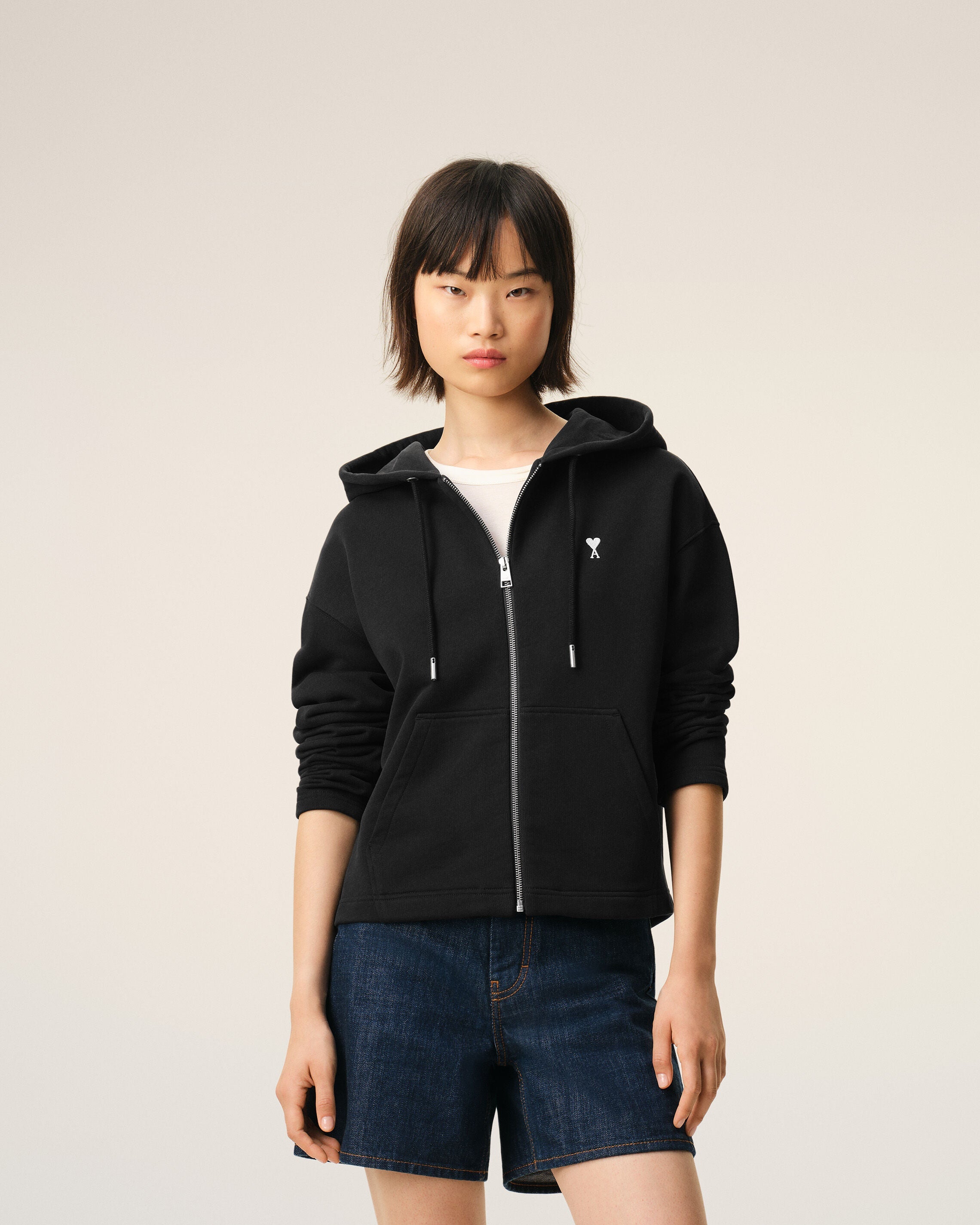 Black Cotton Ami De Coeur Zipped Hoodie Women's