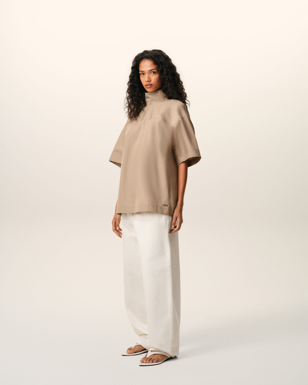 AmiParis Beige Cotton Stand Up Collar Buttoned Top Women's