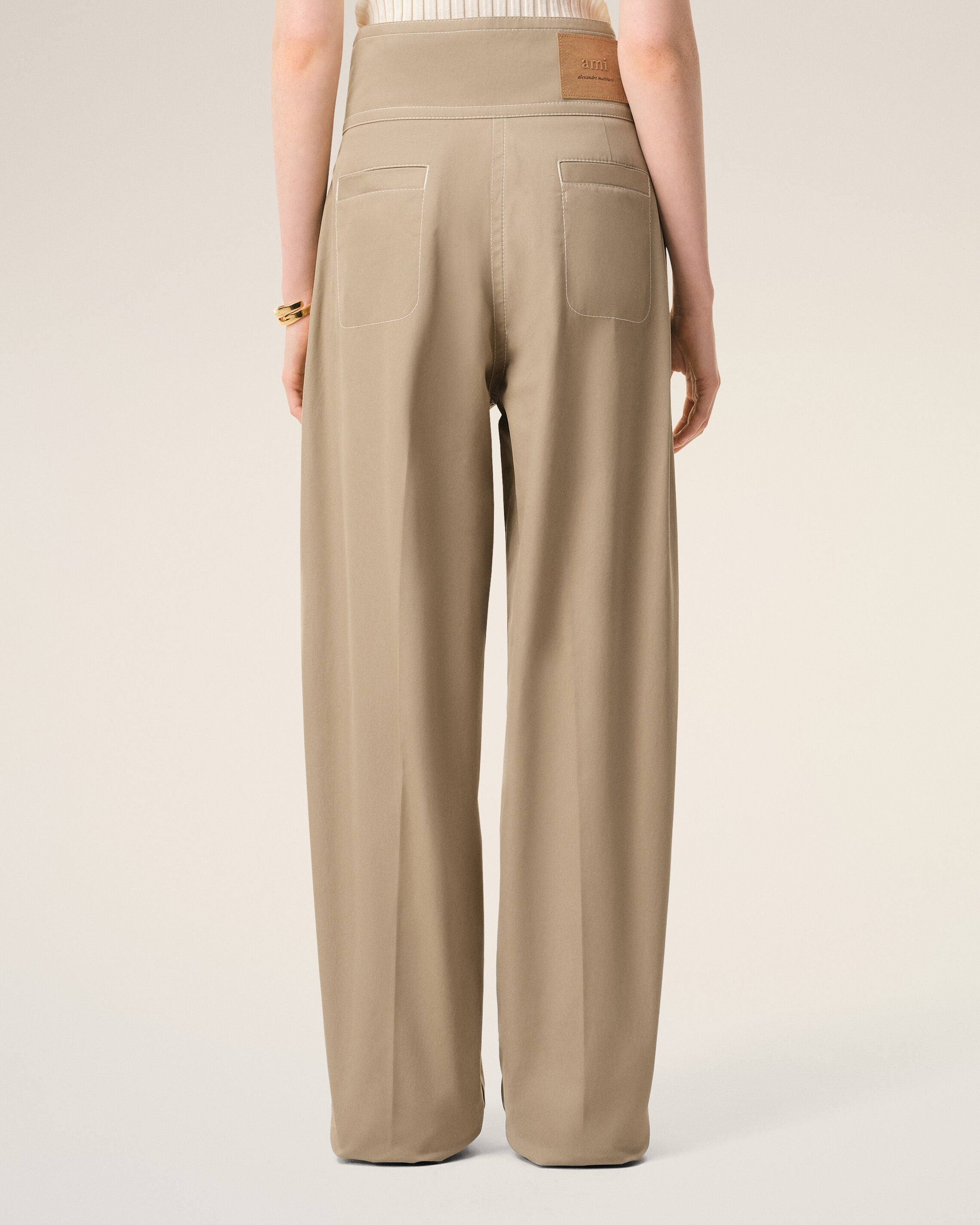 AmiParis Beige Cotton Wrapped Belted Trousers Women's