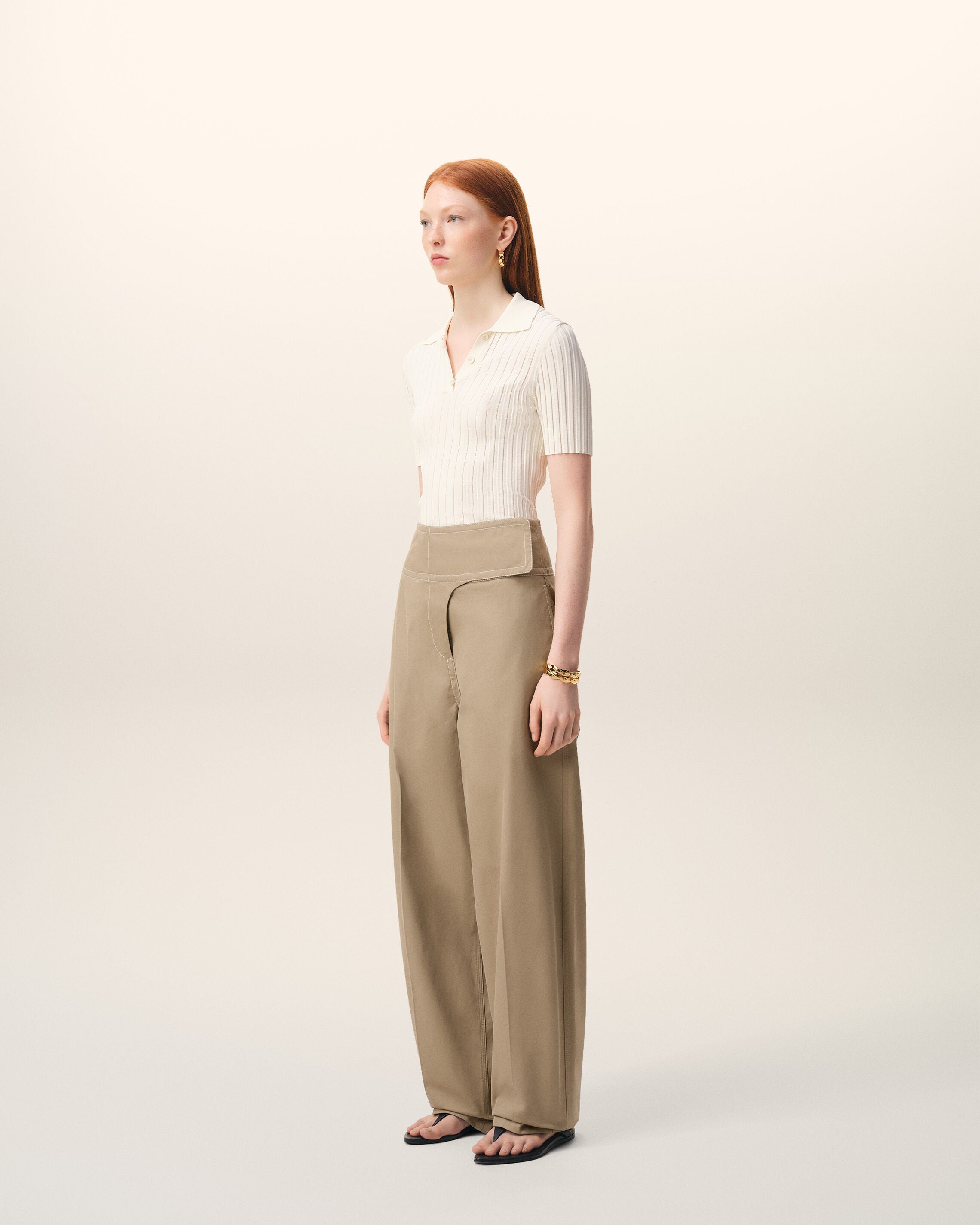 AmiParis Beige Cotton Wrapped Belted Trousers Women's
