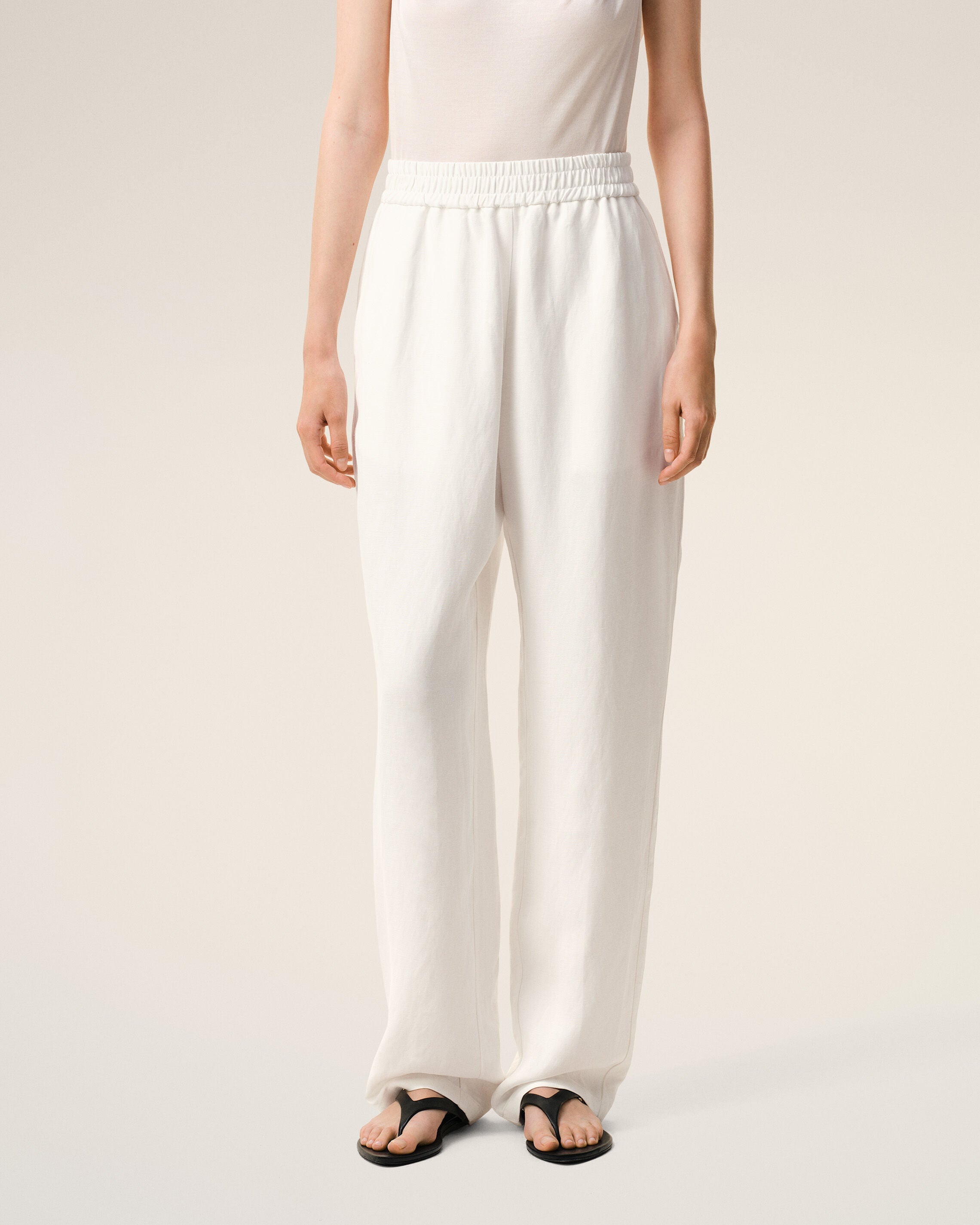 AmiParis White Blended Linen Elasticated Waist Trousers Women's