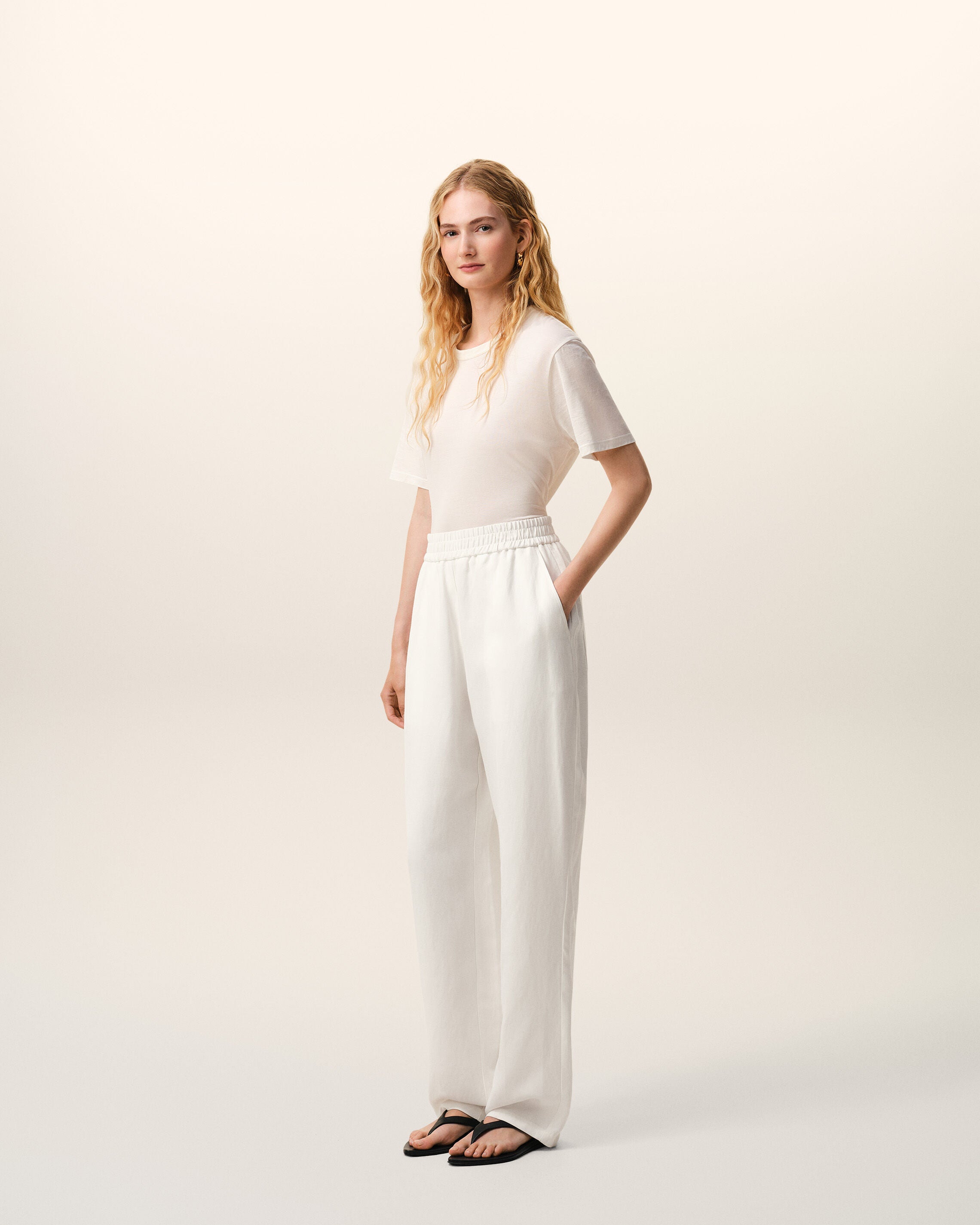 AmiParis White Blended Linen Elasticated Waist Trousers Women's