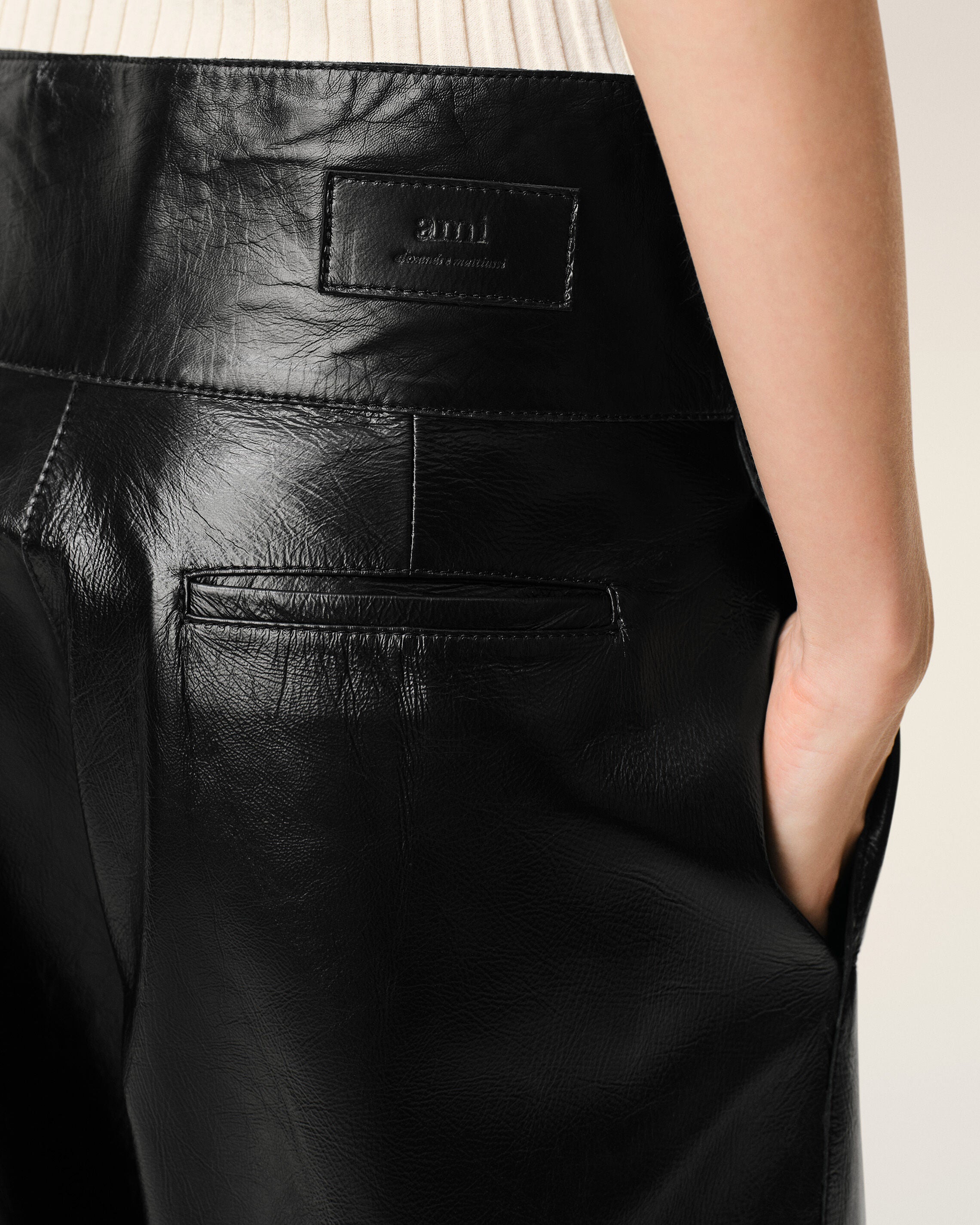 AmiParis Black Lamb Leather Wrapped Belted Trousers Women's