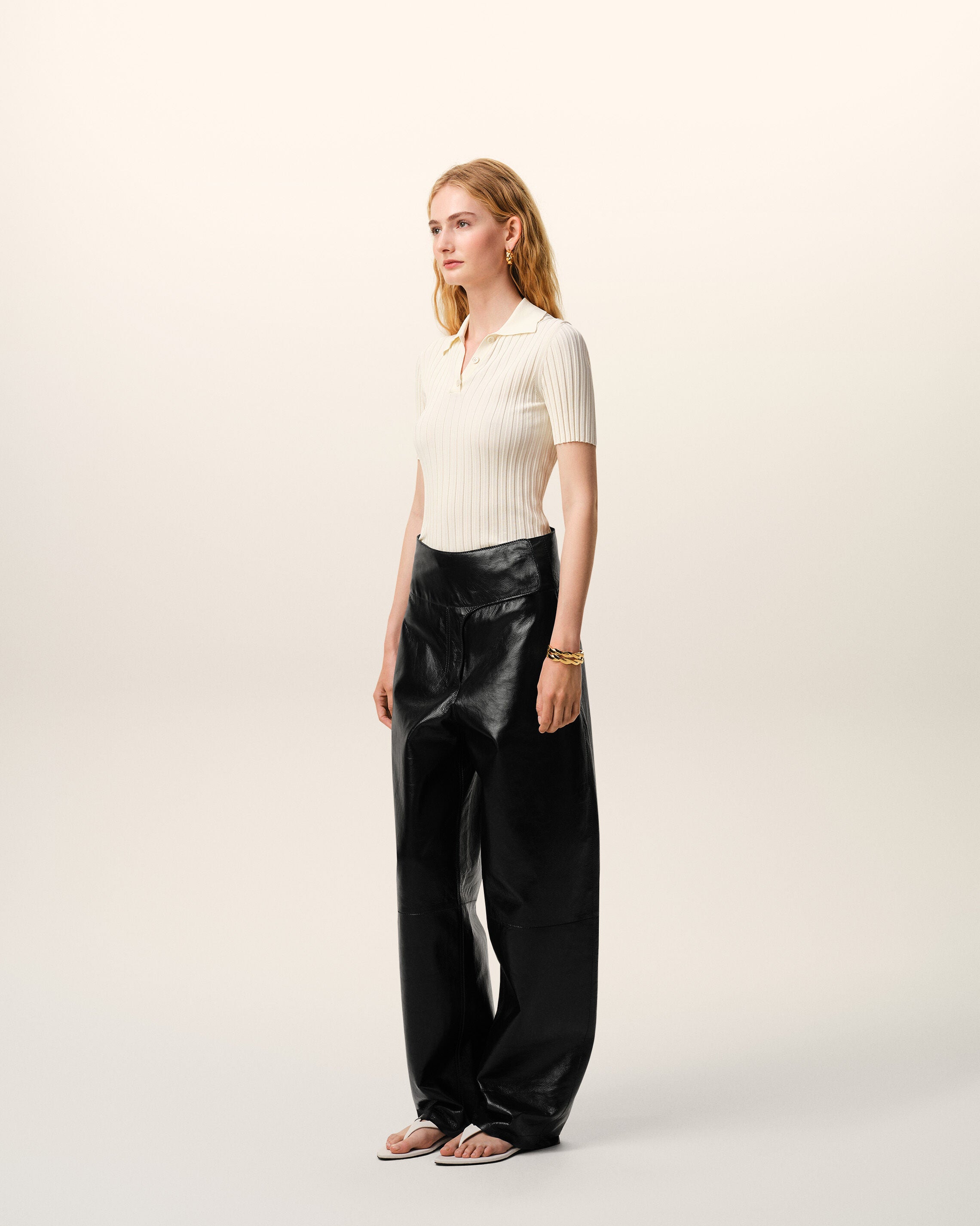 AmiParis Black Lamb Leather Wrapped Belted Trousers Women's