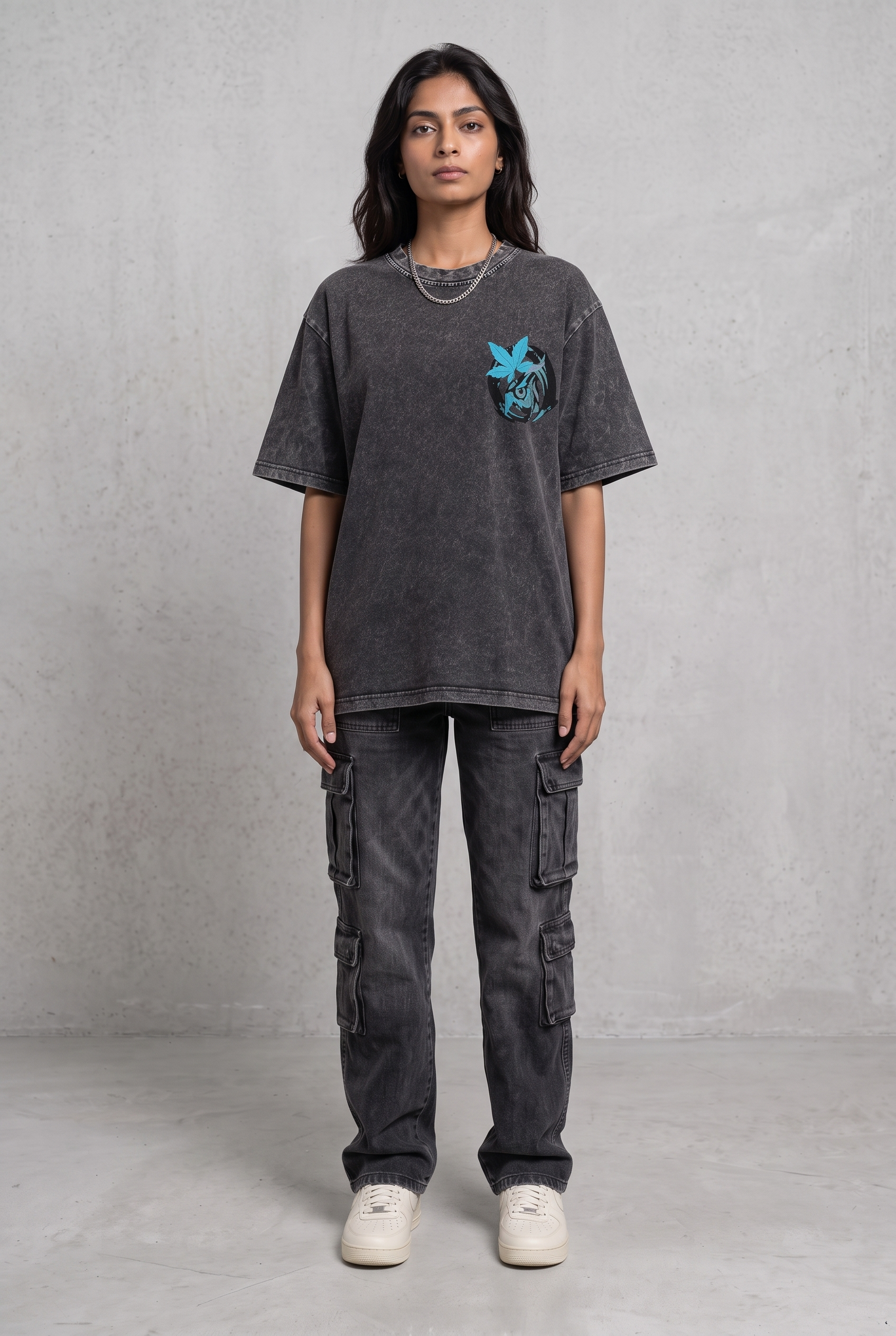 OWL VISION DARK GREY ACIDWASH WOMEN’S OVERSIZED T-SHIRT
