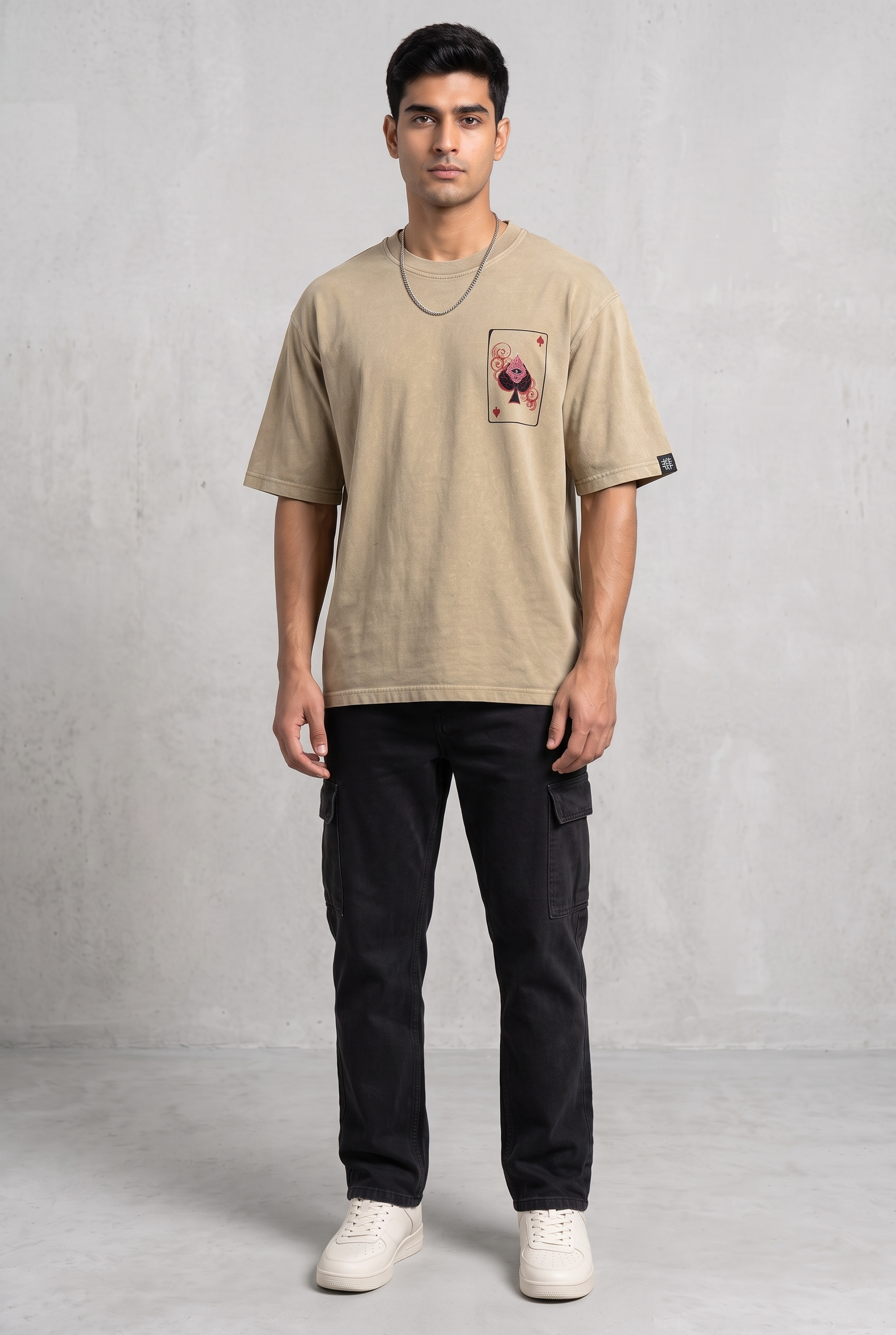 SPADE OF SECRETS BEIGE ACIDWASH MEN’S OVERSIZED T-SHIRT