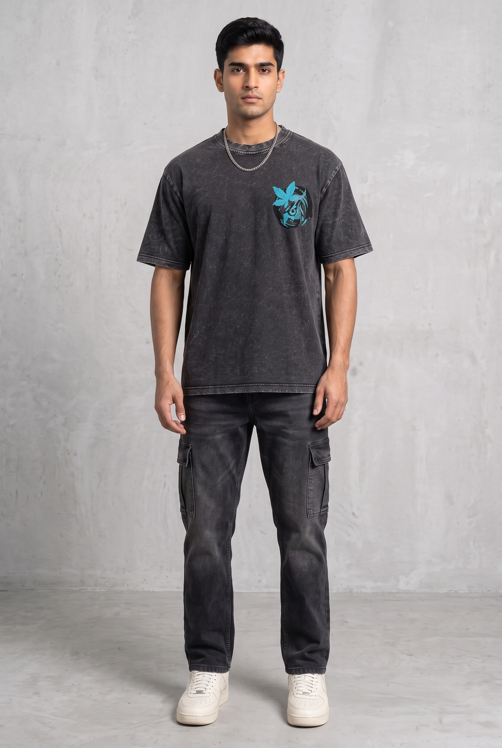 OWL VISION DARK GREY ACIDWASH MEN’S OVERSIZED T-SHIRT