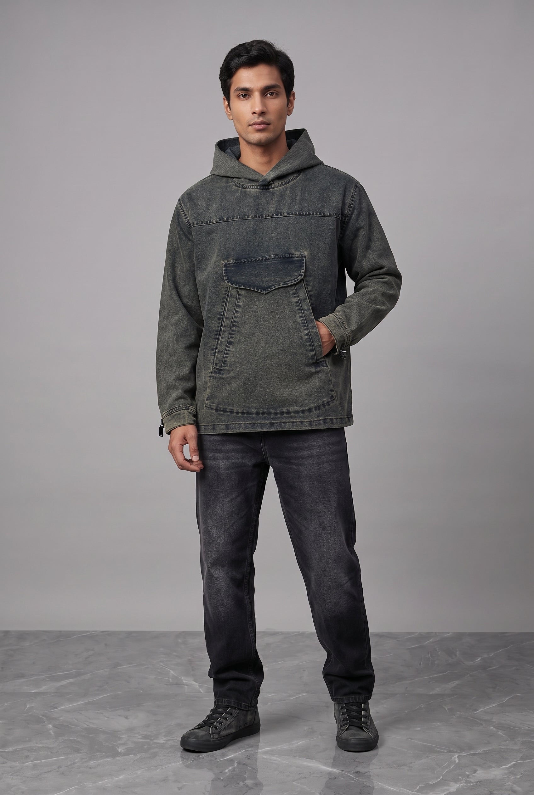 ACID WASH DENIM MEN'S HOODIE