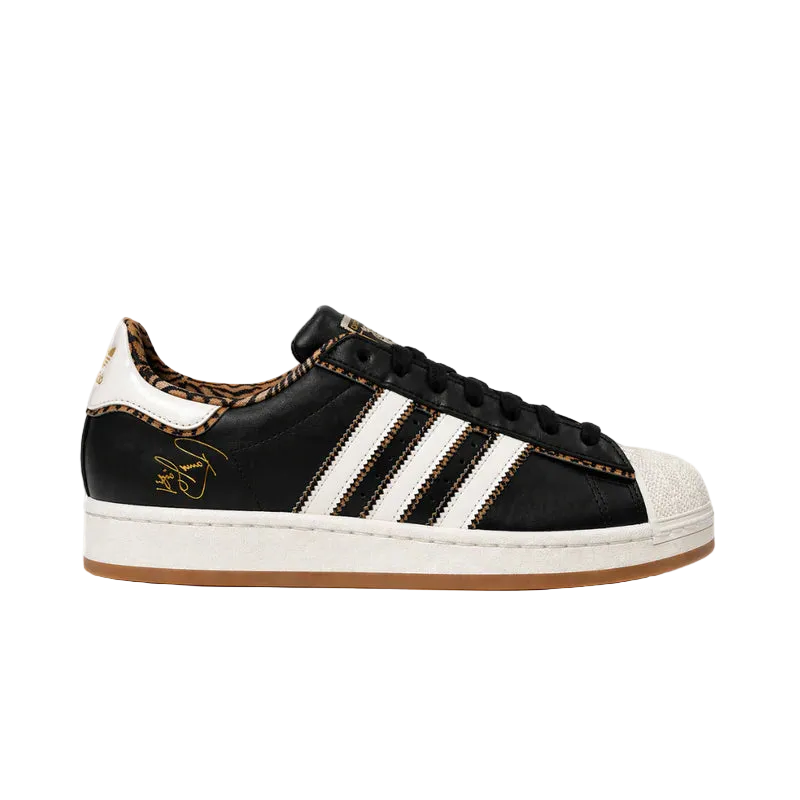 Adidas Superstar x Ranveer Singh side profile, tiger Three Stripes detailing and leather upper