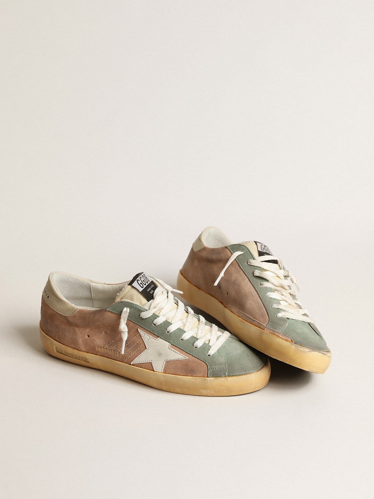 Golden Goose Mens Super-Star In Brown And Green Suede With White Nappa Leather Star Mens