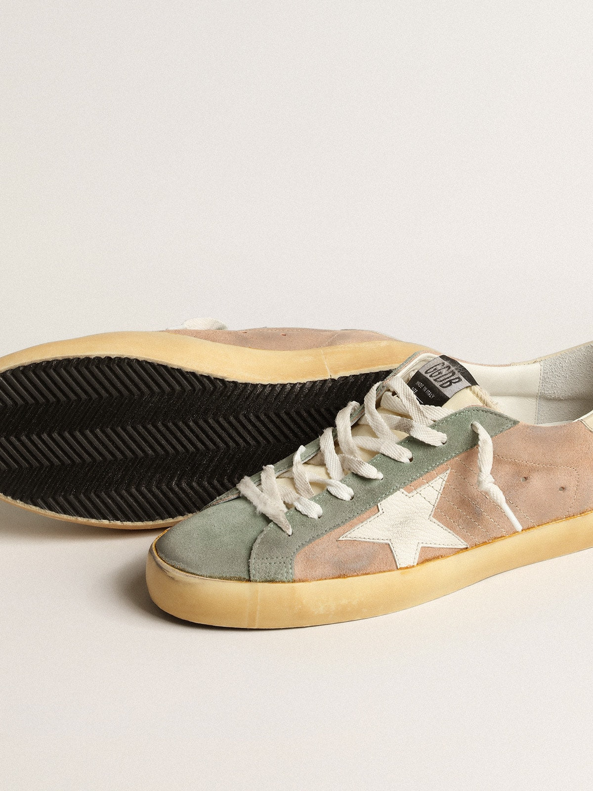 Golden Goose Mens Super-Star In Brown And Green Suede With White Nappa Leather Star Mens
