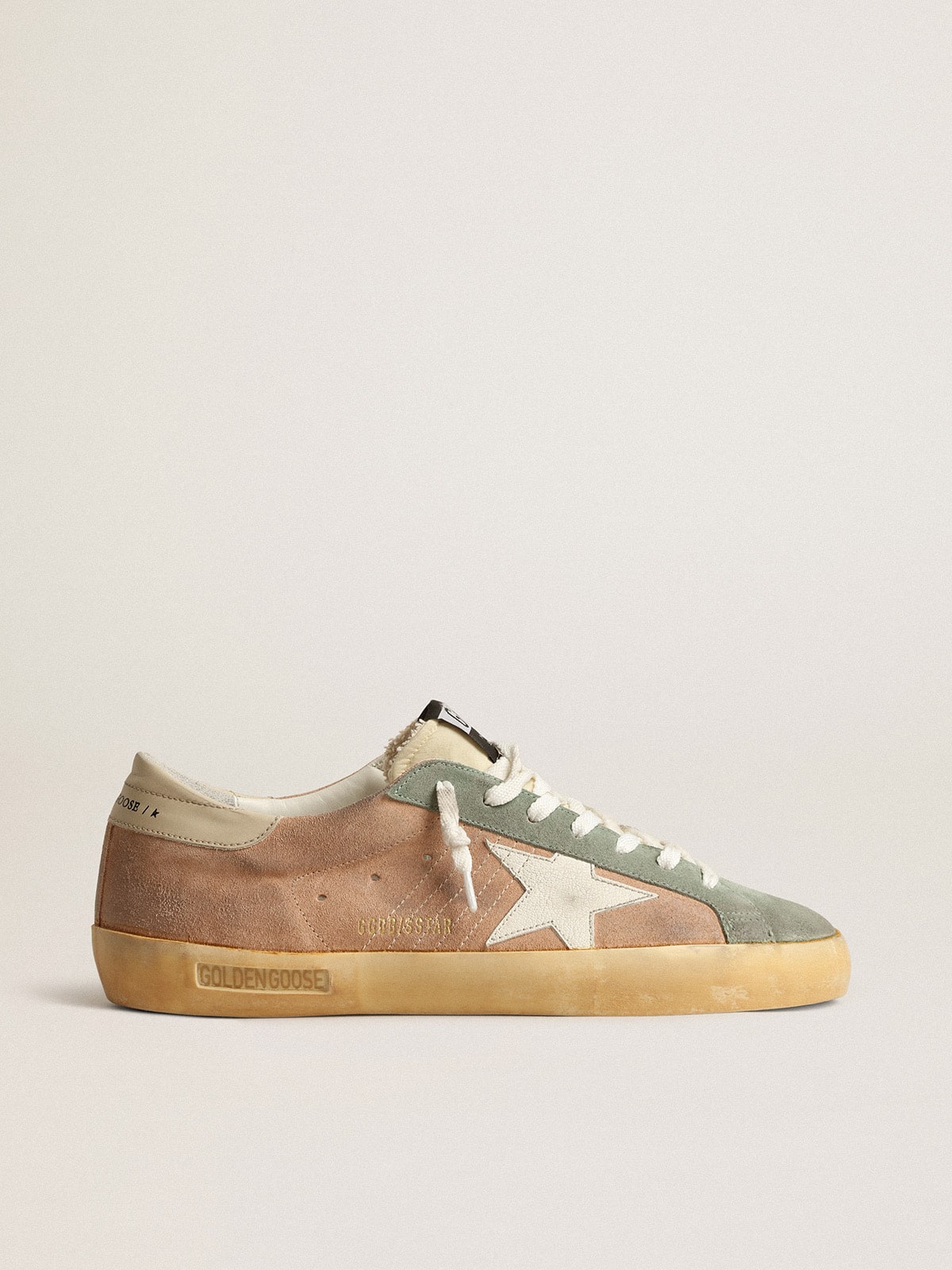 Golden Goose Mens Super-Star In Brown And Green Suede With White Nappa Leather Star Mens
