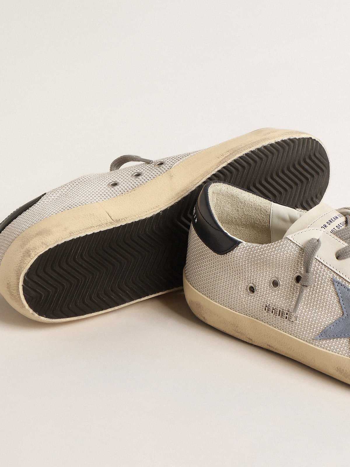 Golden Goose Super-Star In Pale Silver Mesh With Light Blue Suede Star Mens