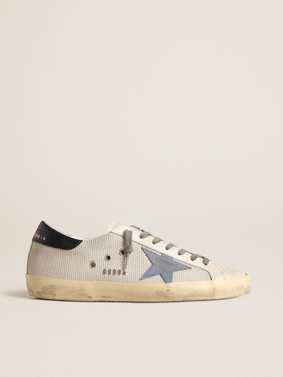 Golden Goose Super-Star In Pale Silver Mesh With Light Blue Suede Star Mens