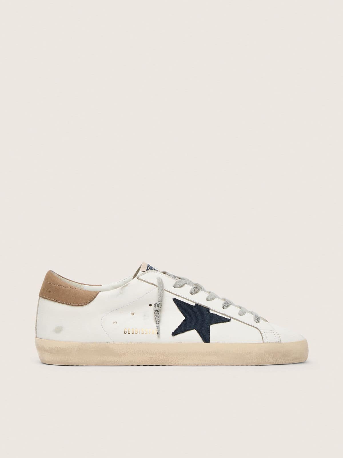 Golden Goose Mens Super-Star In White Leather With Midnight-Blue Canvas Star And Tobacco Leather Heel Tab Mens