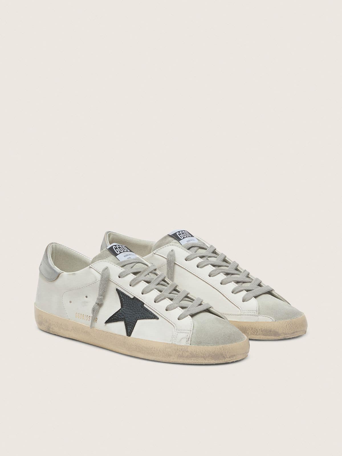 Golden Goose Mens Super-Star In White Leather With Black Nubuck Star And Silver Metallic Leather Heel Tab Mens