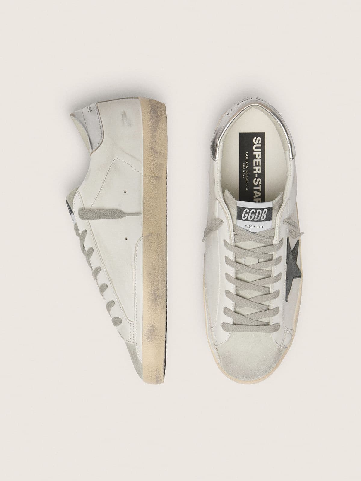 Golden Goose Mens Super-Star In White Leather With Black Nubuck Star And Silver Metallic Leather Heel Tab Mens