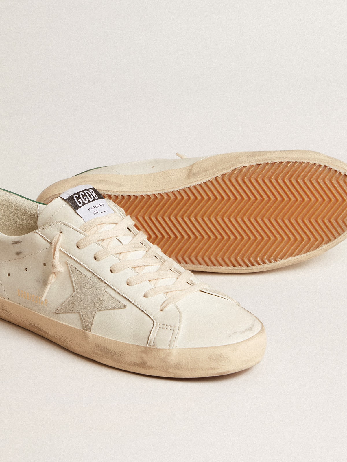 Golden Goose Super-Star In White Leather With Ice-Gray Suede Star And Green Leather Heel Tab Mens