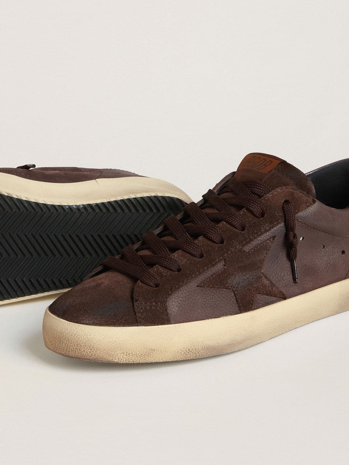 Golden Goose Mens Super-Star Ltd In Brown Nubuck With Suede Star And Purple Leather Heel Tab Mens