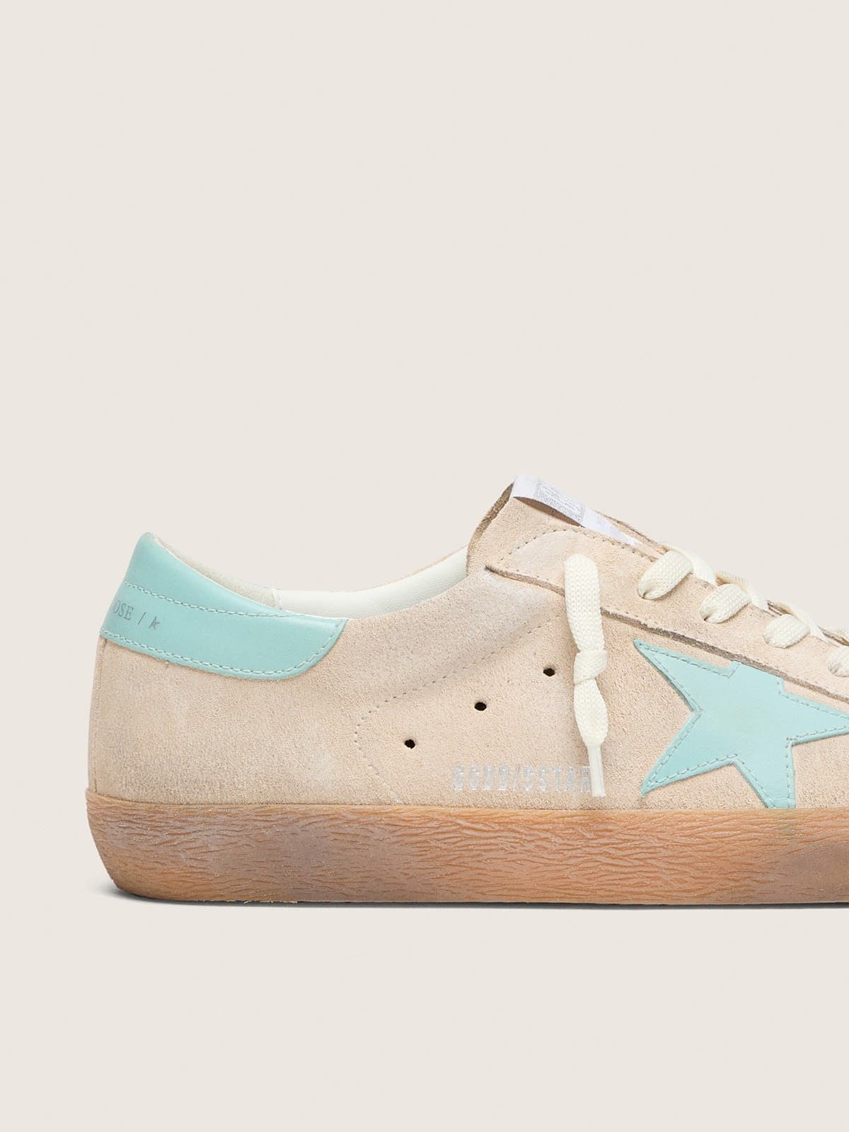 Golden Goose Mens Super-Star In Beige Suede With Aqua-Green Star Mens