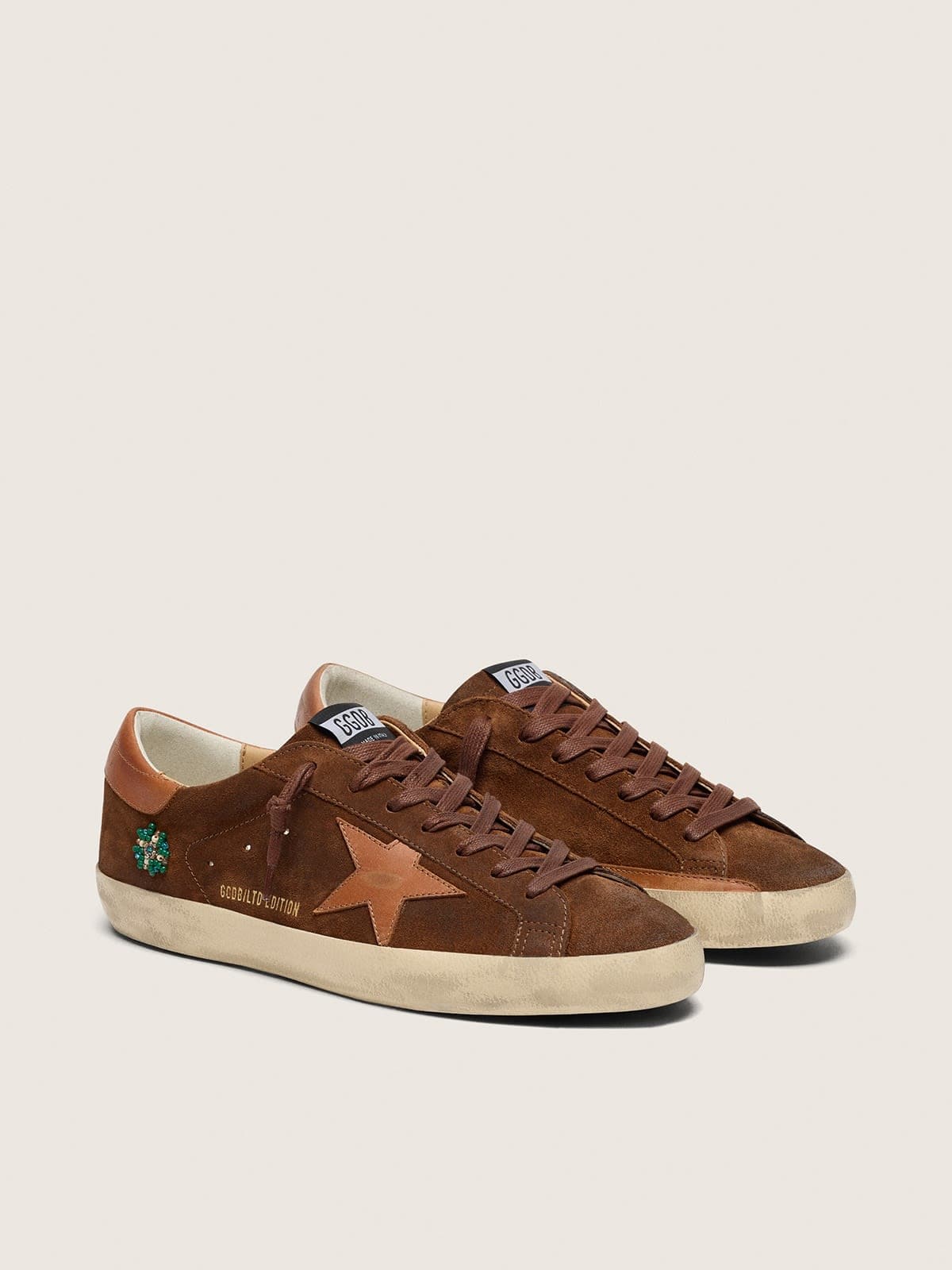Golden Goose Mens Super-Star Ltd In Brown Suede With Brick-Red Leather Star And Embroidery With Green Beads Mens
