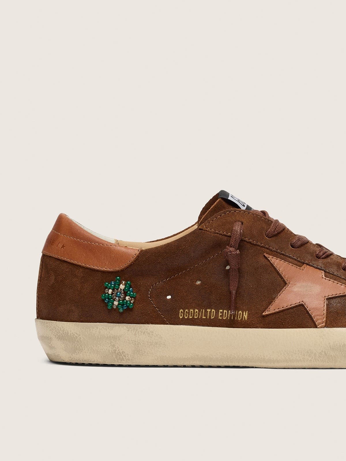 Golden Goose Mens Super-Star Ltd In Brown Suede With Brick-Red Leather Star And Embroidery With Green Beads Mens