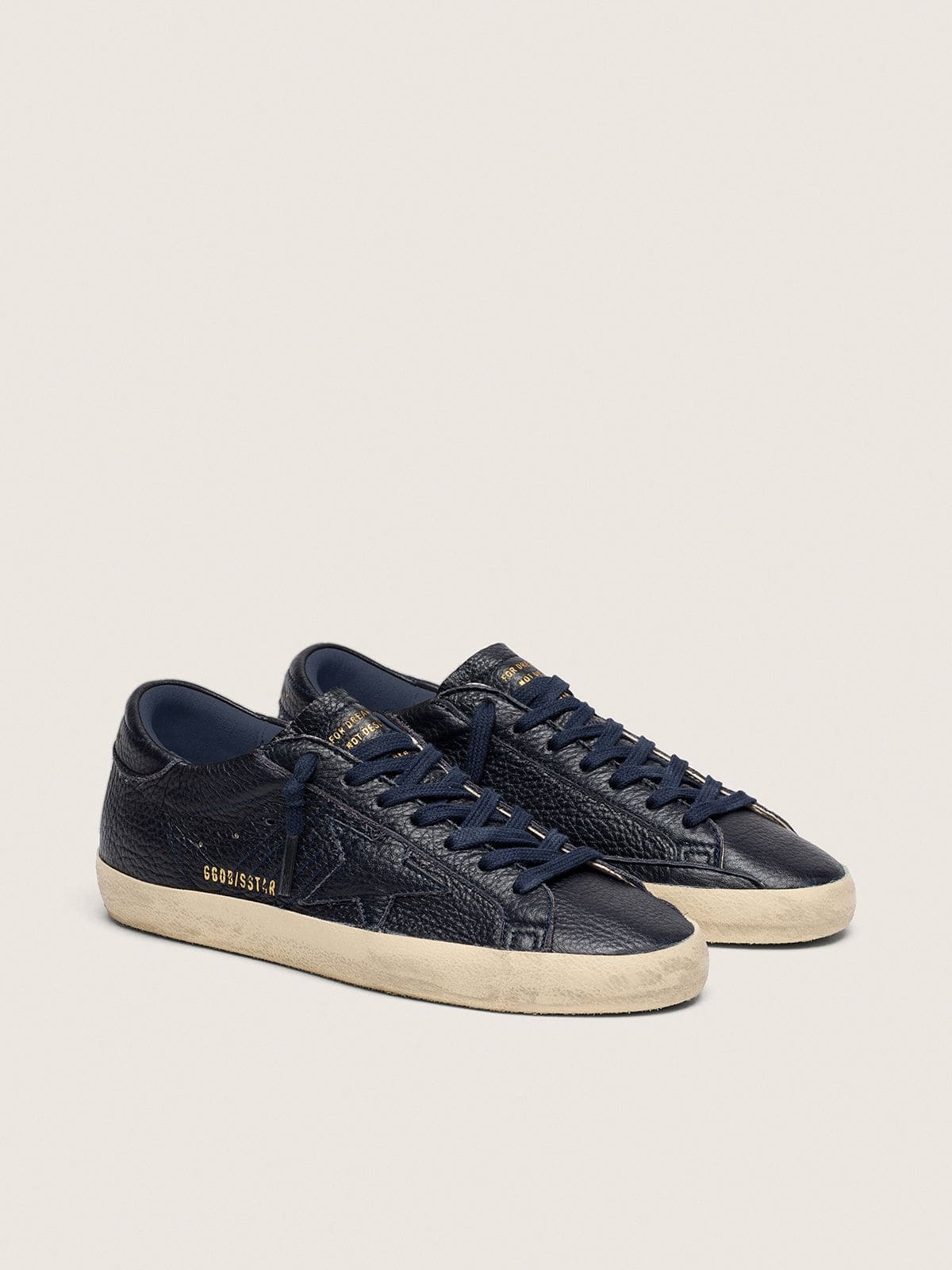 Golden Goose Mens Super-Star In Navy-Blue Leather With Tone-On-Tone Leather Star Mens