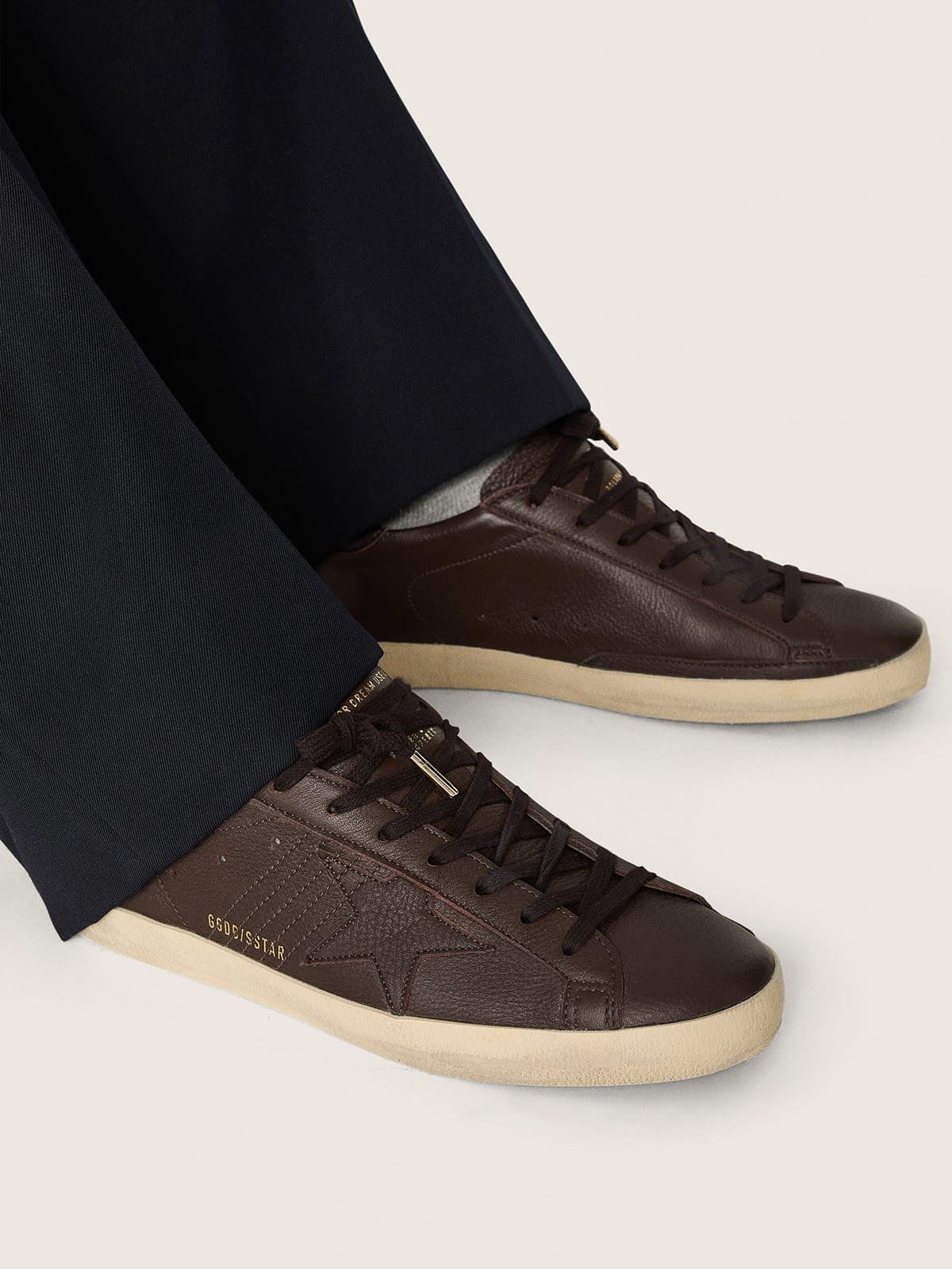 Golden Goose Mens Super-Star In Dark Brown Leather With Tone-On-Tone Leather Star Mens