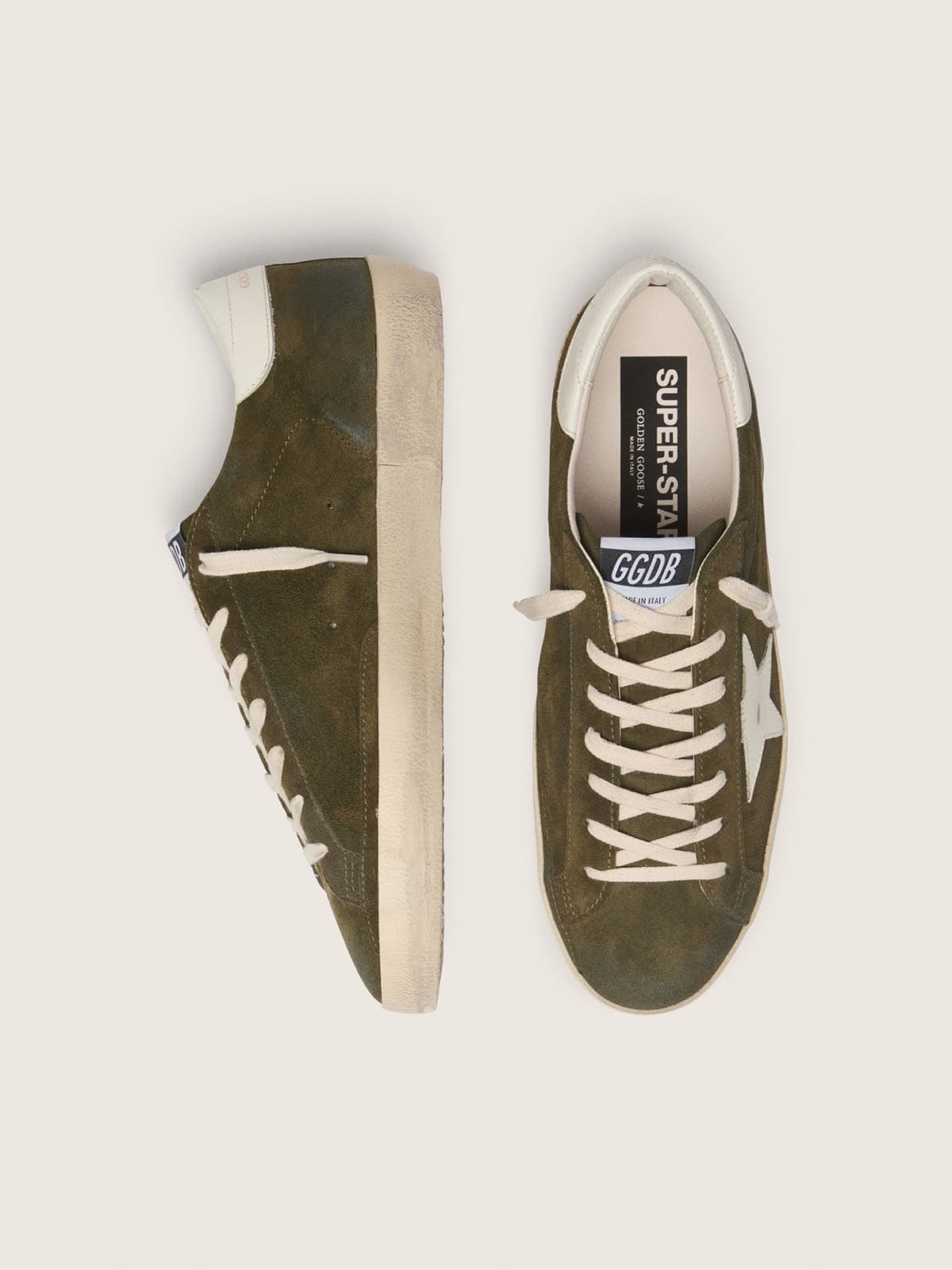 Golden Goose Mens Super-Star In Olive-Green Suede With White Leather Star Mens
