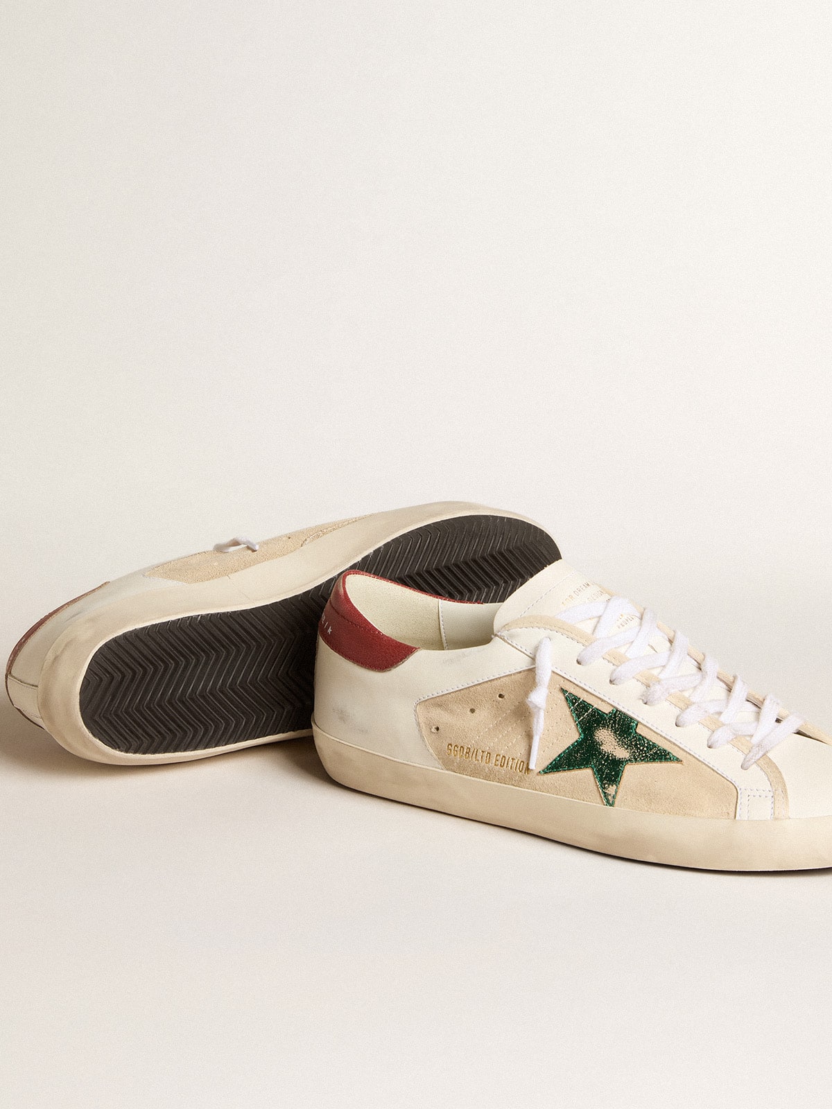 Golden Goose Mens Super-Star Ltd In Suede With Green Metallic Star And Red Heel Tab Mens