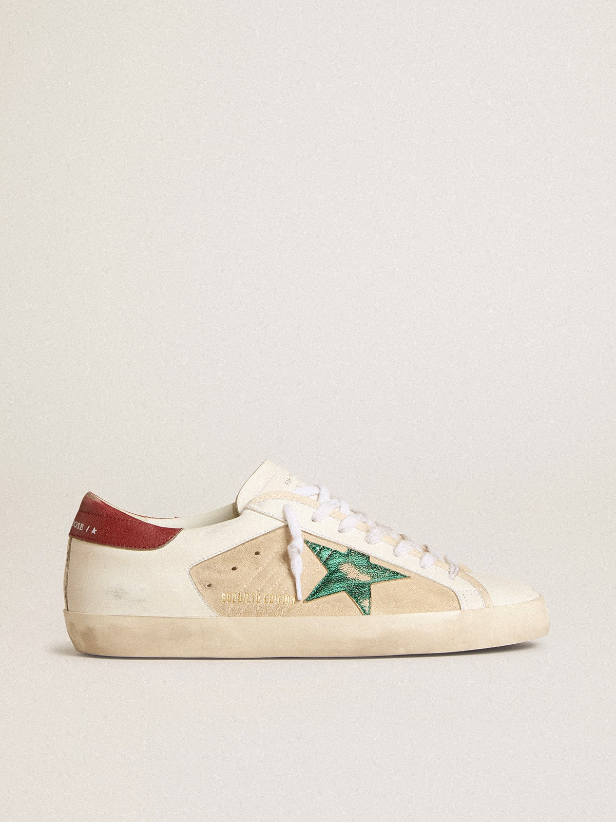 Golden Goose Mens Super-Star Ltd In Suede With Green Metallic Star And Red Heel Tab Mens