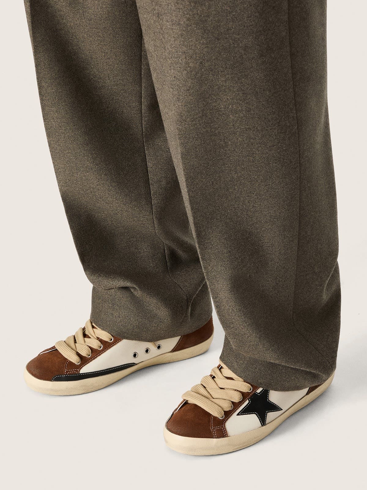 Golden Goose Mens Super-Star In White Leather And Brown Suede With Black Leather Star Mens