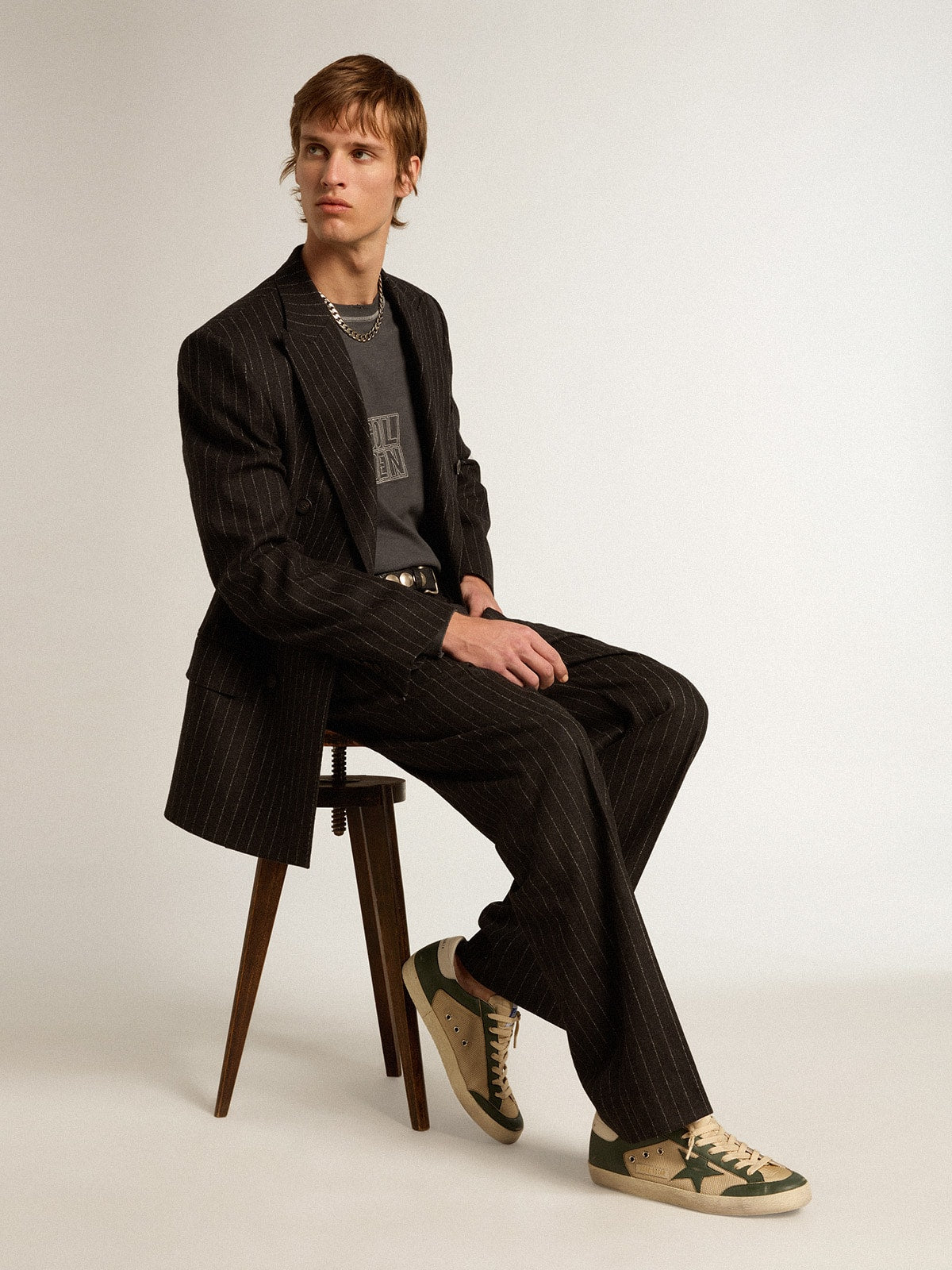 Golden Goose Mens Super-Star In Cream Mesh And Green Nappa With Nappa Star Mens