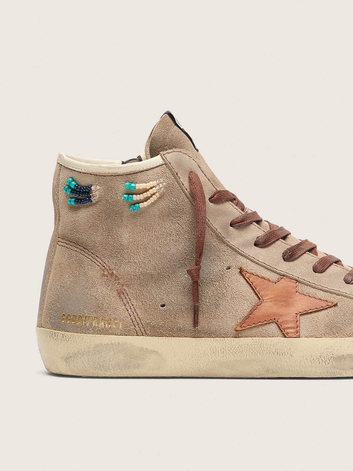 Golden Goose Mens Francy In Beige Suede With Brown Leather Star And Colored Beads Mens