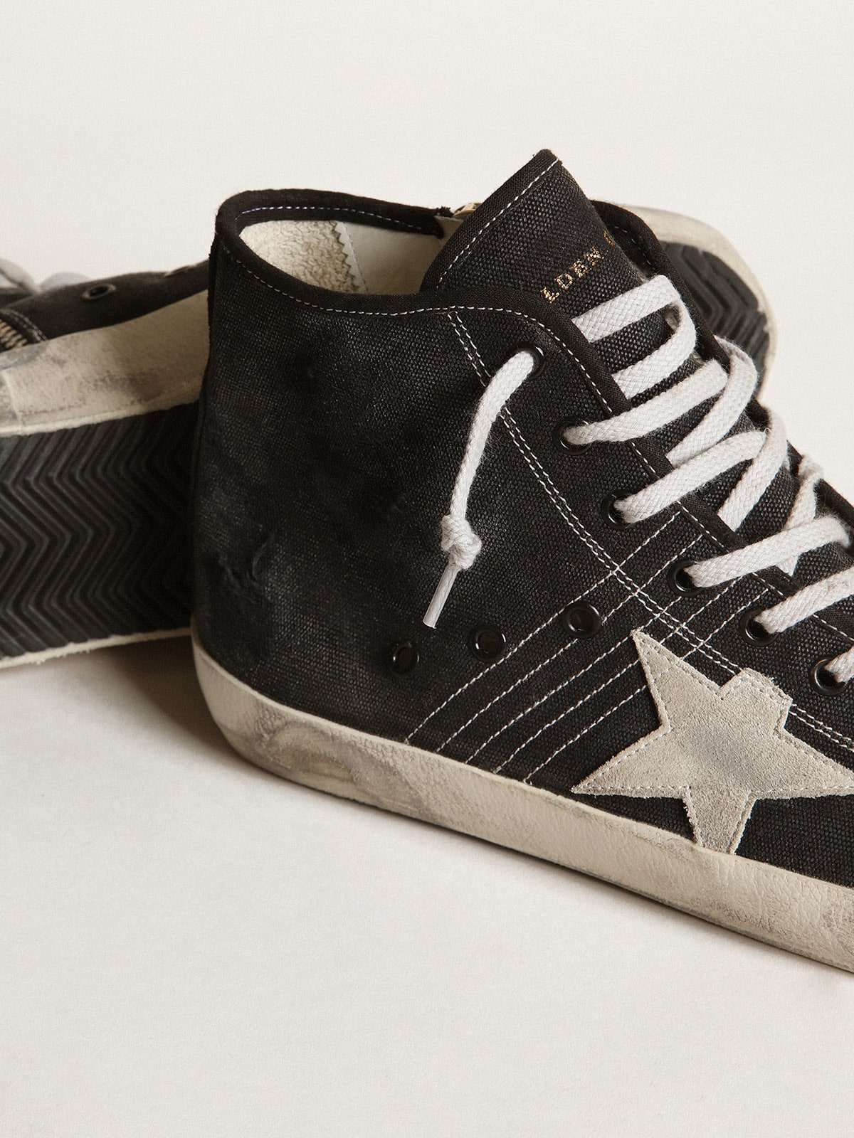 Golden Goose Francy Penstar In Black Canvas With White Suede Star And Black Suede Heel Tab Mens